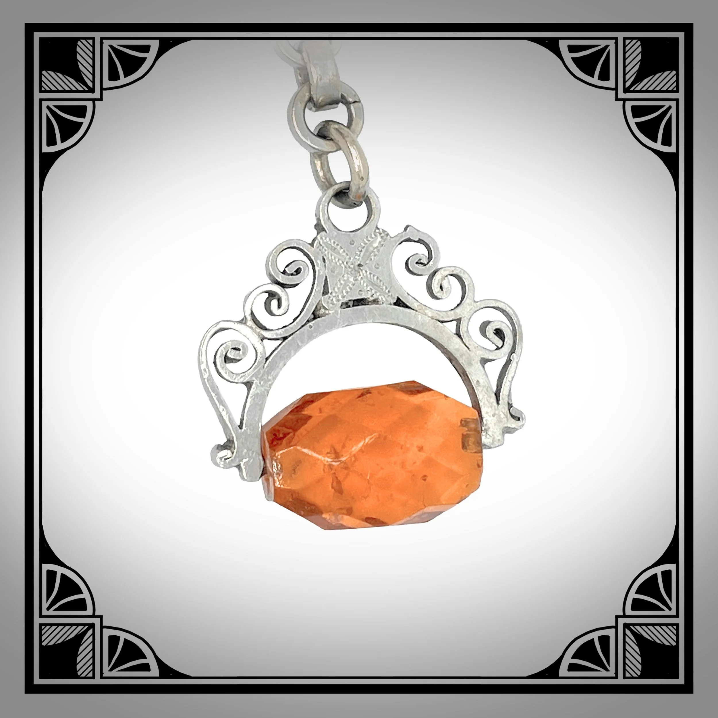 1890s German Nickel-Plated Watch Chain set with decorated white glass inserts and Amber-Glass Spinner Pendant 7.jpg