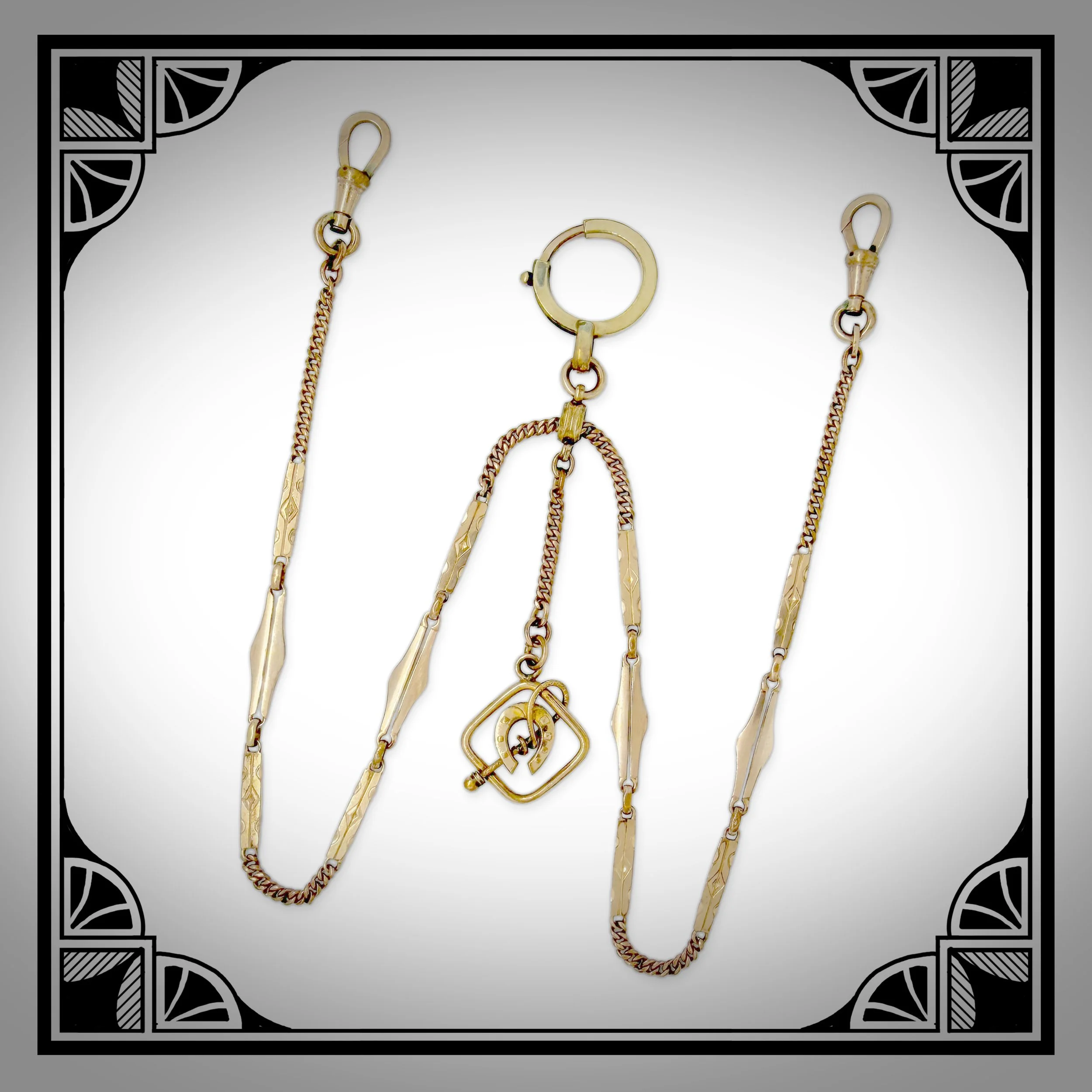 1910s Gold-Plated Double Watch Chain with Equestrian Pendant Drop.jpg