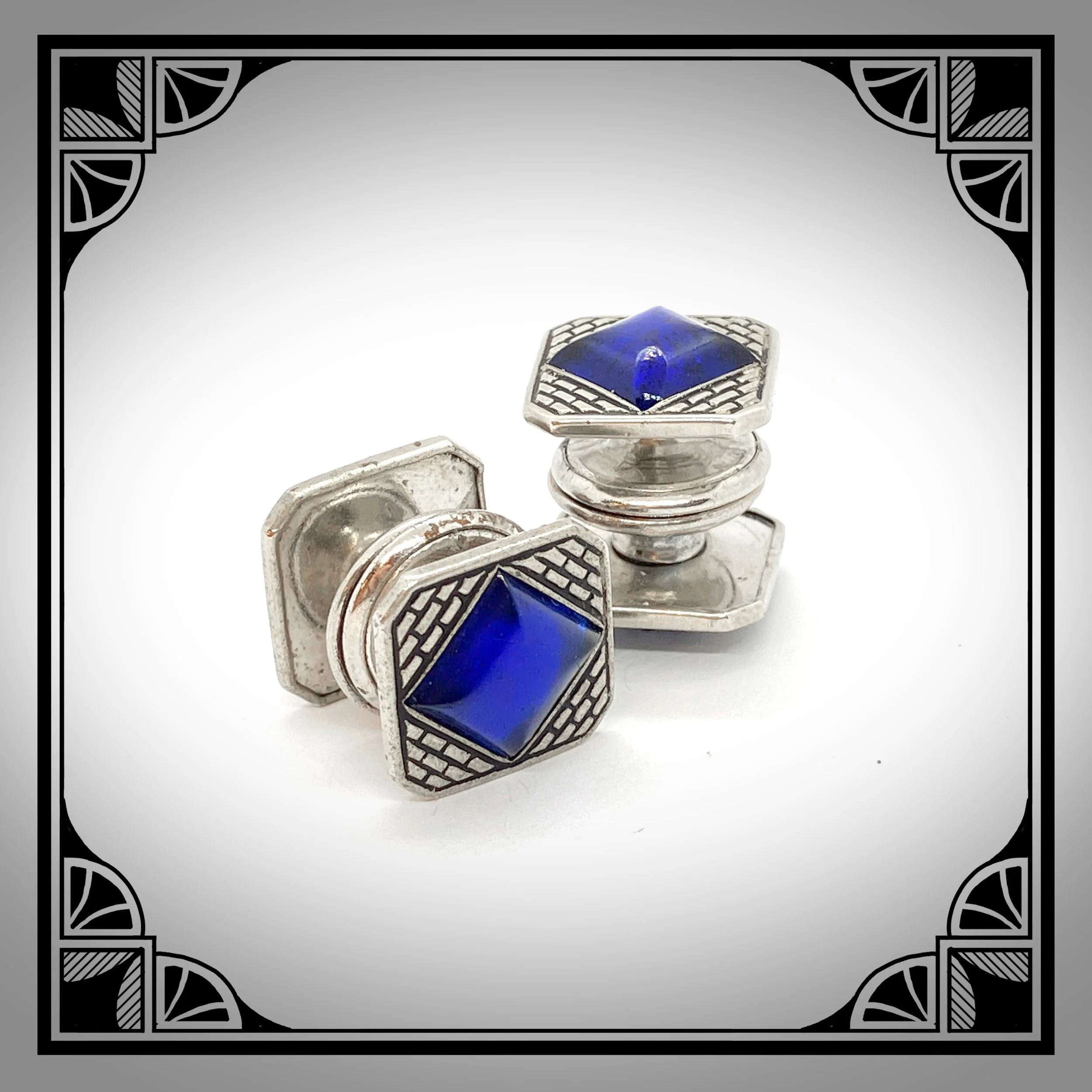 1930s American Art-Deco KUM-A-PART cufflinks with blue glass cabochons  by Baer & Wilde Co 3.jpg