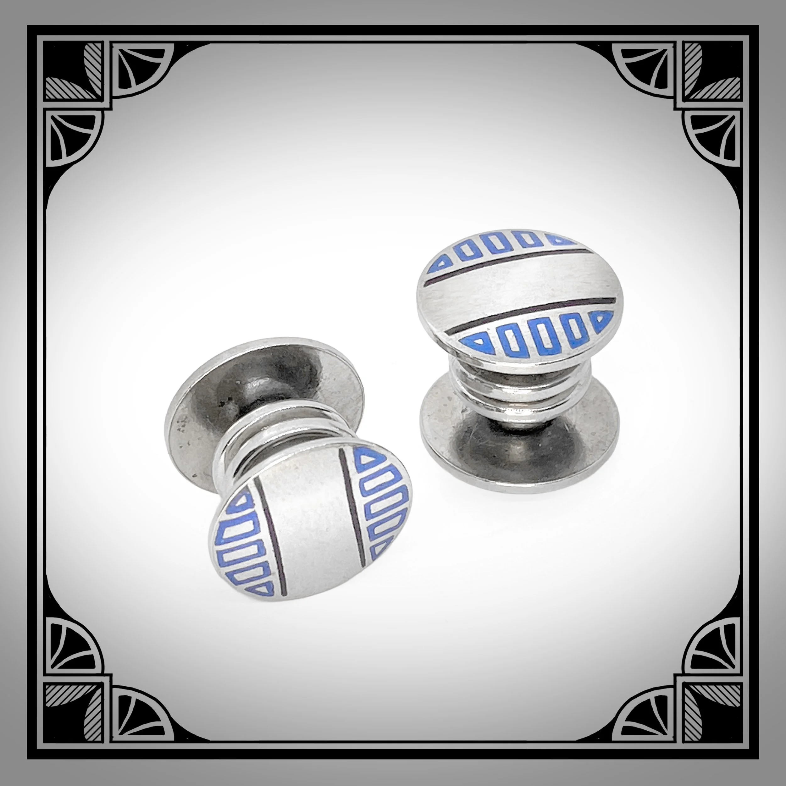 c.1930 White Metal Art-Deco Snap-Link Cufflinks with Blue and Black Champlevé Enamel