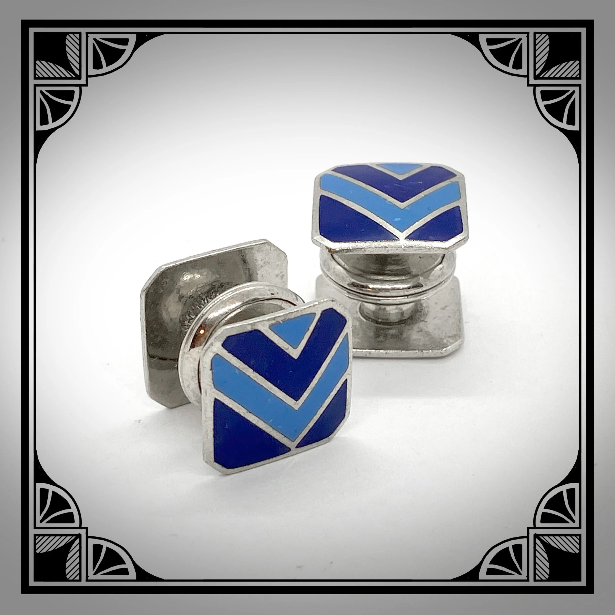 1930s American KUM-A-PART cufflinks with Blue enamel champlevé chevrons by SWANK
