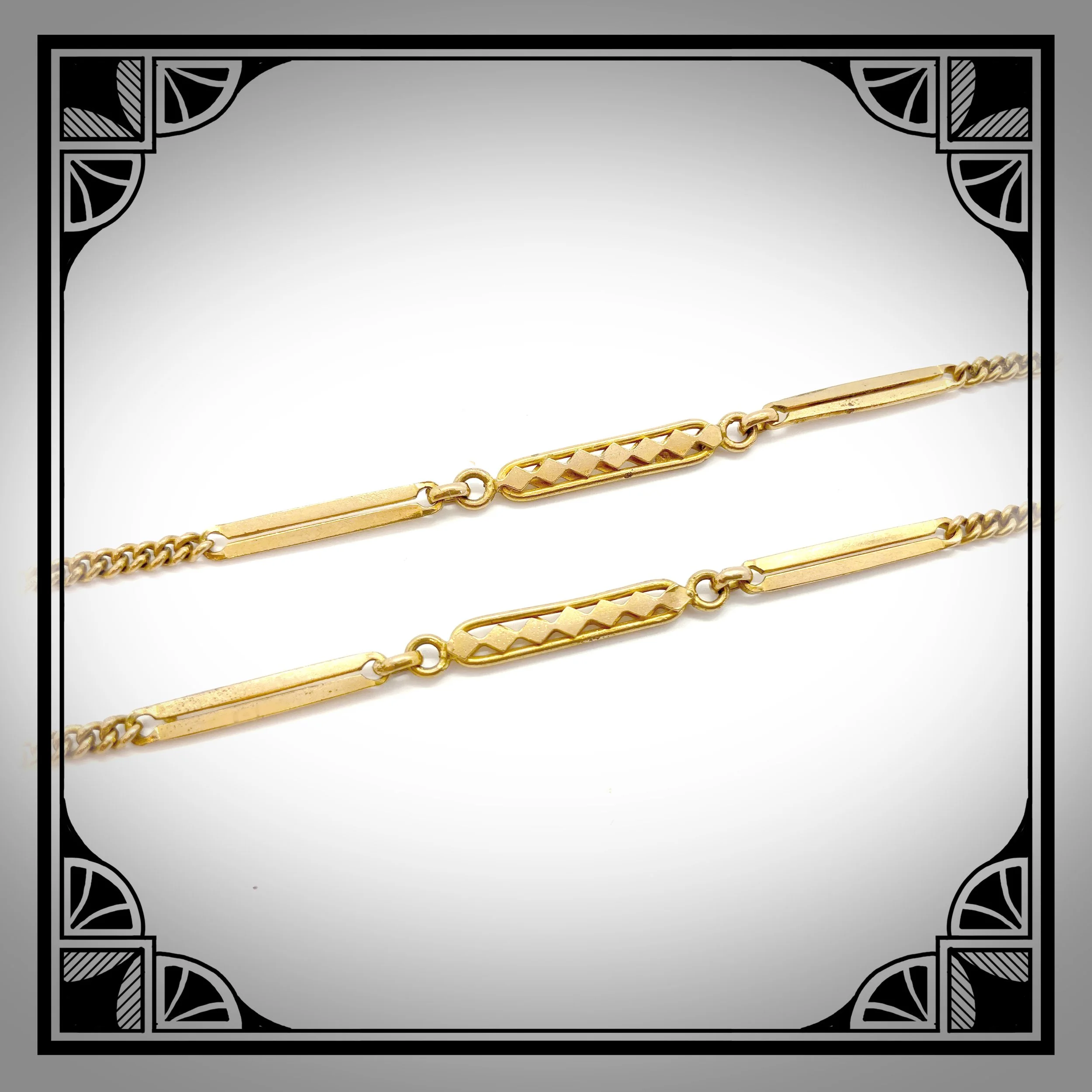 1920s Gold colored Double watch chain with Diamond pattern fancy links 3.jpg