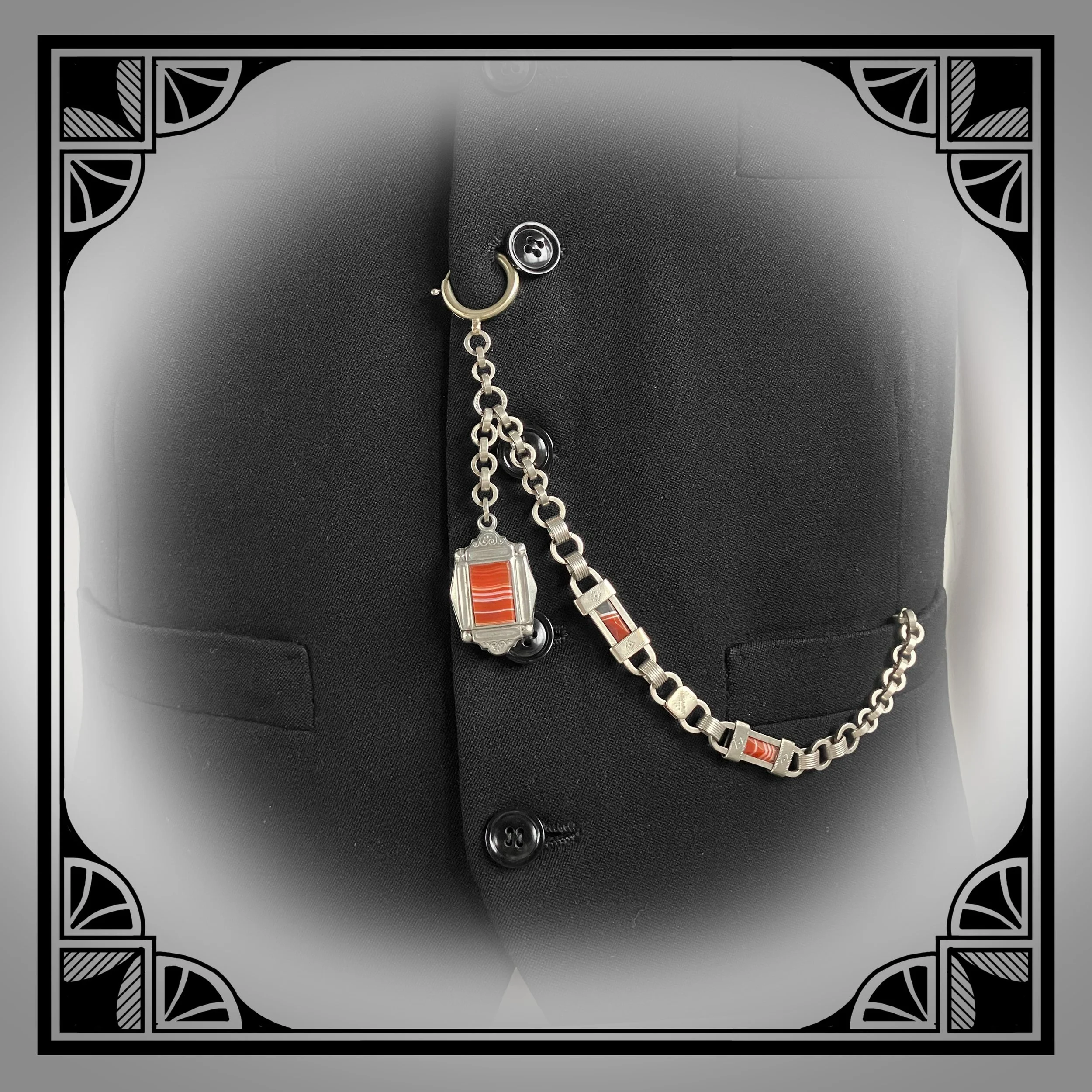 1880s German Historicist Watch Chain with chased accents, set with red Agate stones 8.jpg