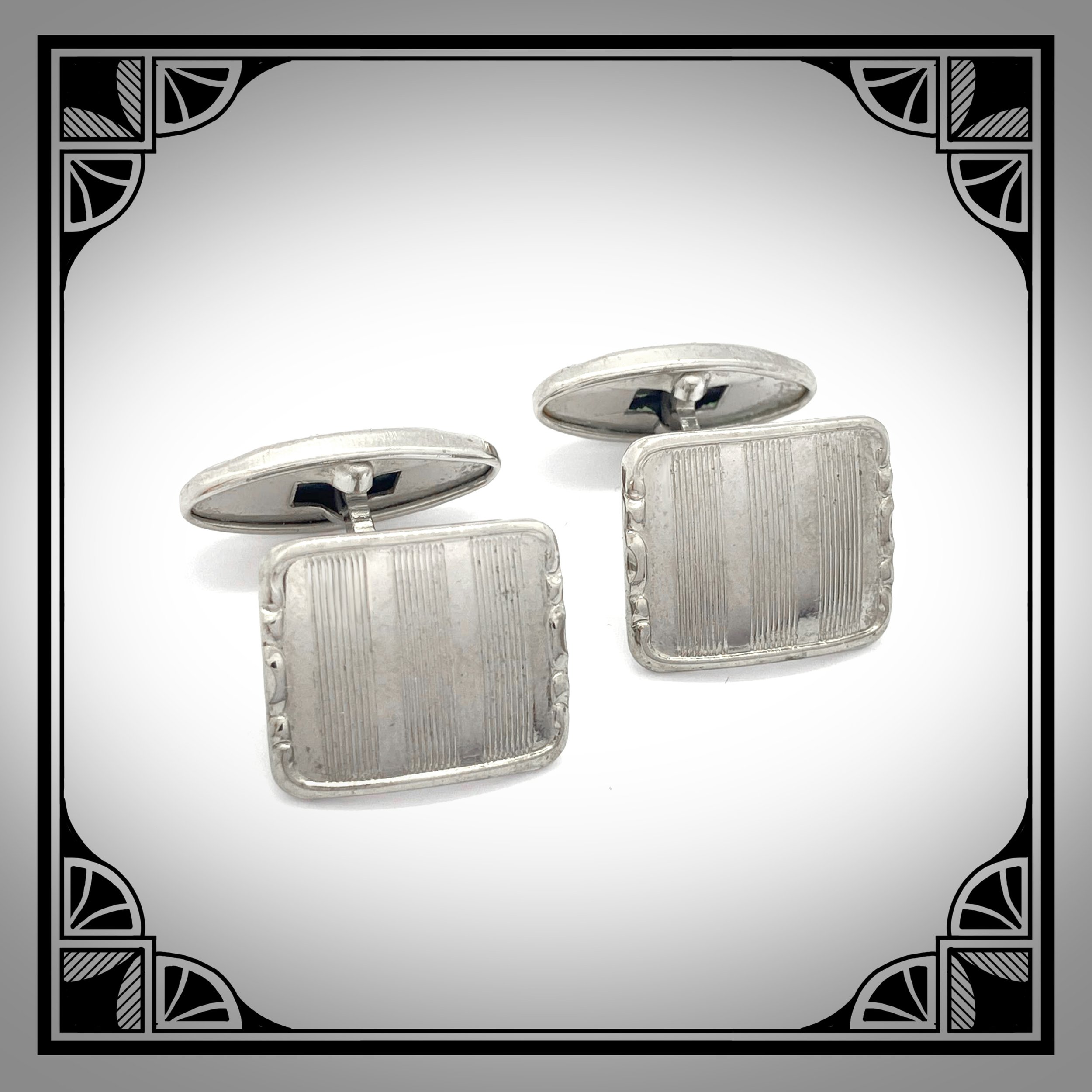1930s White metal Art-Deco cufflinks with engine turned motif and fluted borders