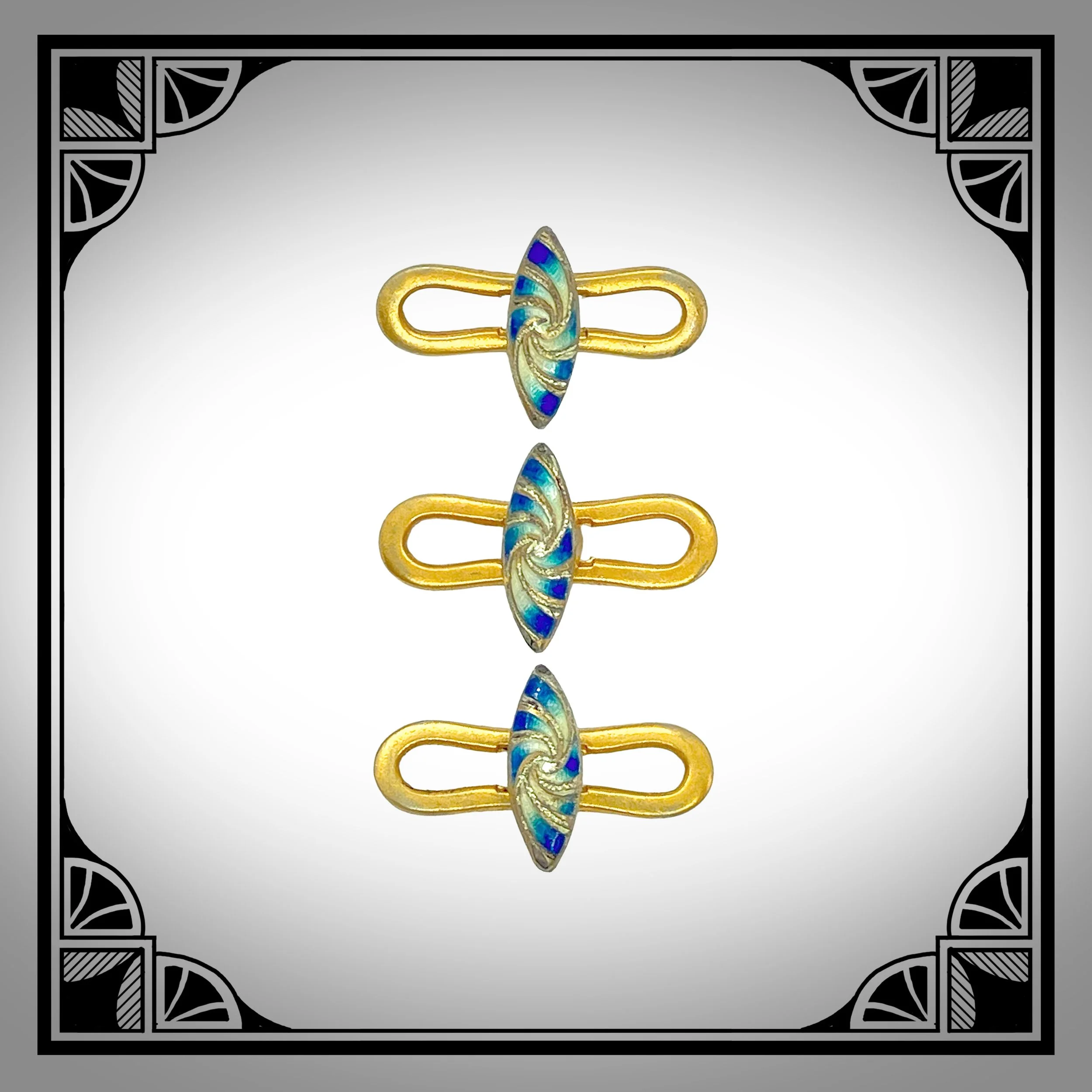 1910s Gold-Plated Shirt Studs with Swirling Motif Navettes in Blue Champlevé Enamel.jpg
