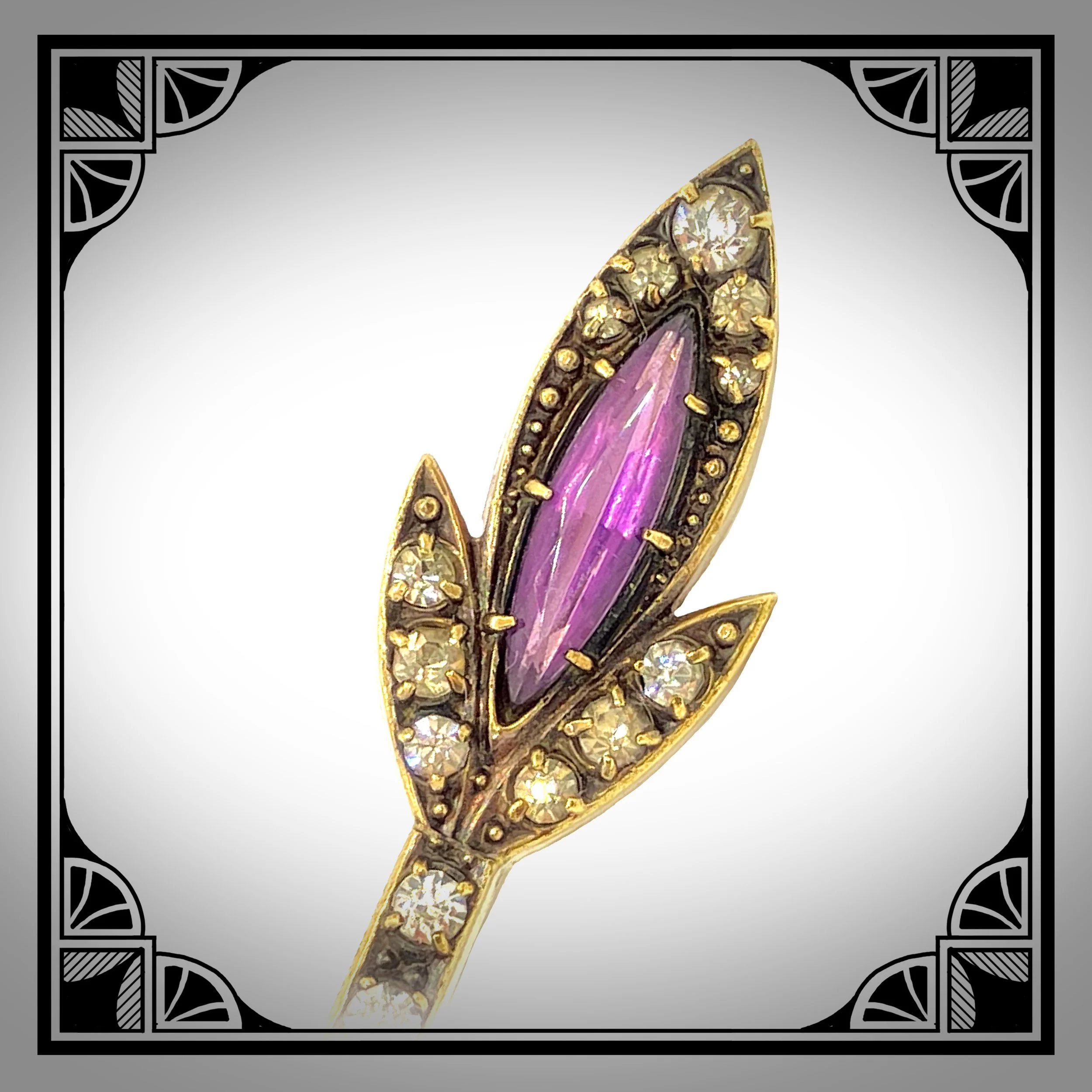1920s Large stylised arrow bar pin, set with rhinestones and purple glass stone 3.jpg