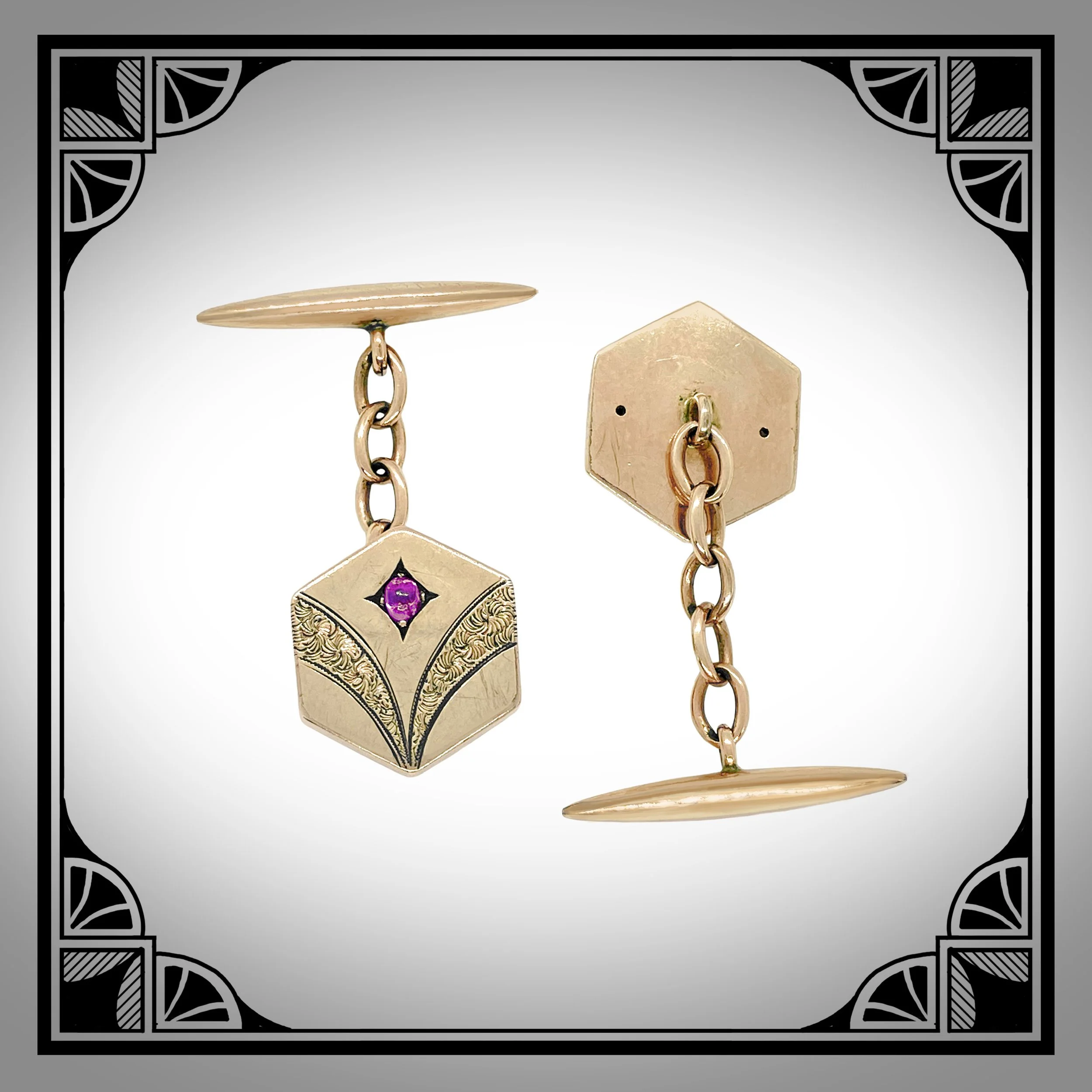1900s German Gold-Plated Jugendstil Cufflinks with Engraved Hexagonal Facings and Purple Cabochons 2.jpg