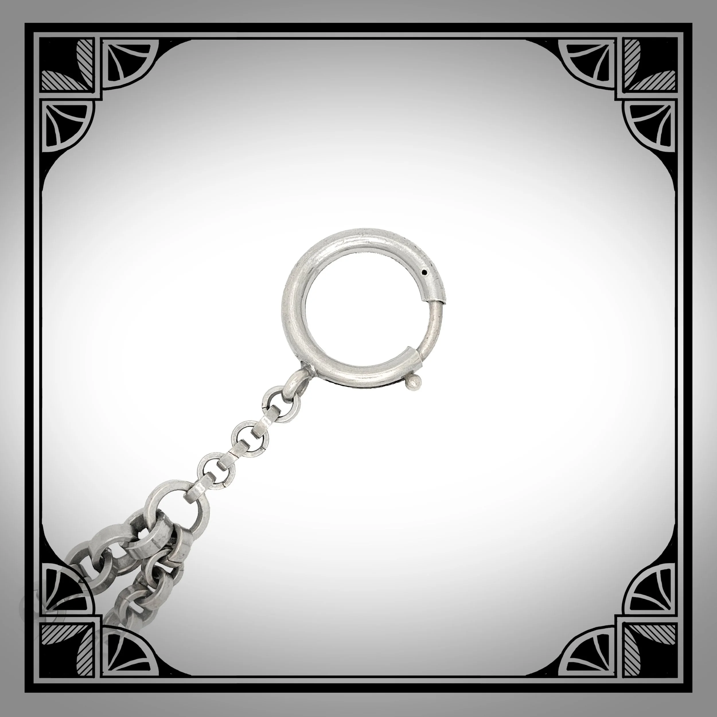 1890s German Nickel-Plated Watch Chain set with decorated white glass inserts and Amber-Glass Spinner Pendant 4.jpg