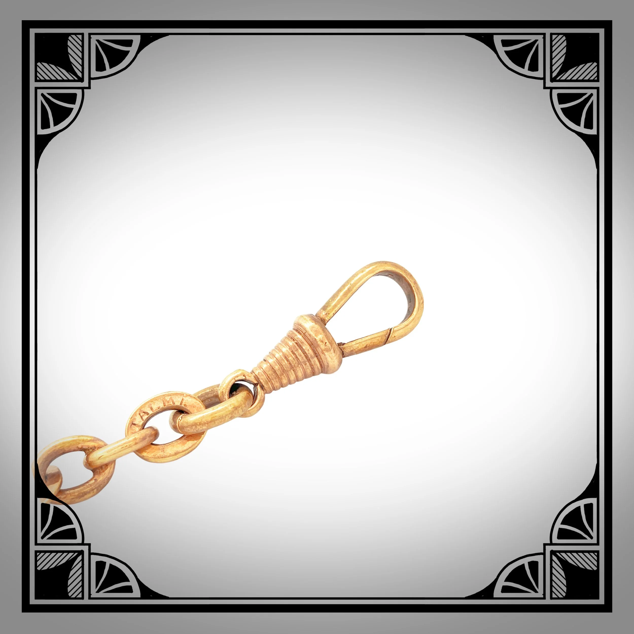 1900s German Gold-Plated Jugendstil Watch Chain with Pink Celluloid Pendant 7.jpg
