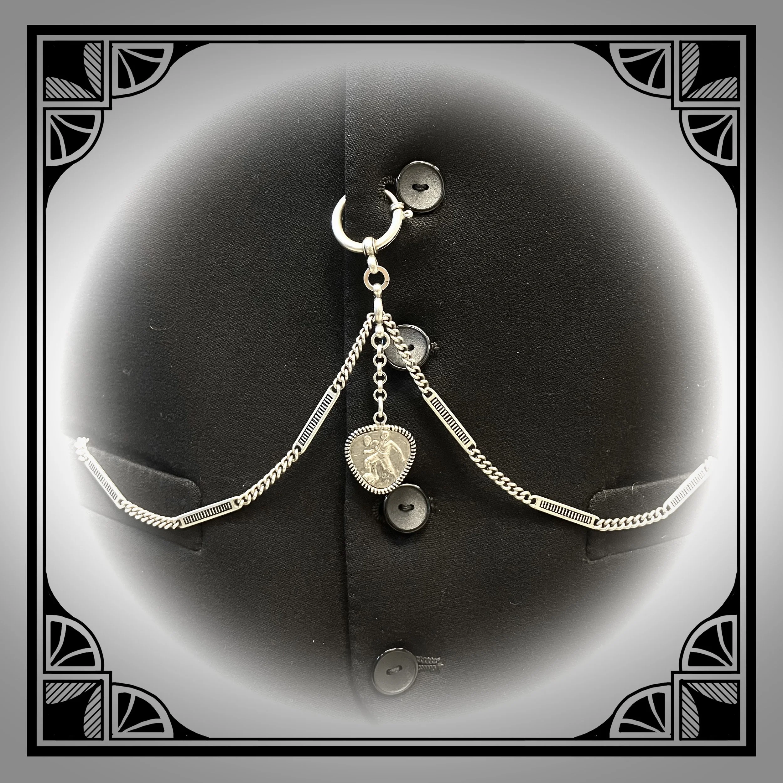 c1920 Double watch chain with enamel champlevé fancy links and football fob 9.jpg