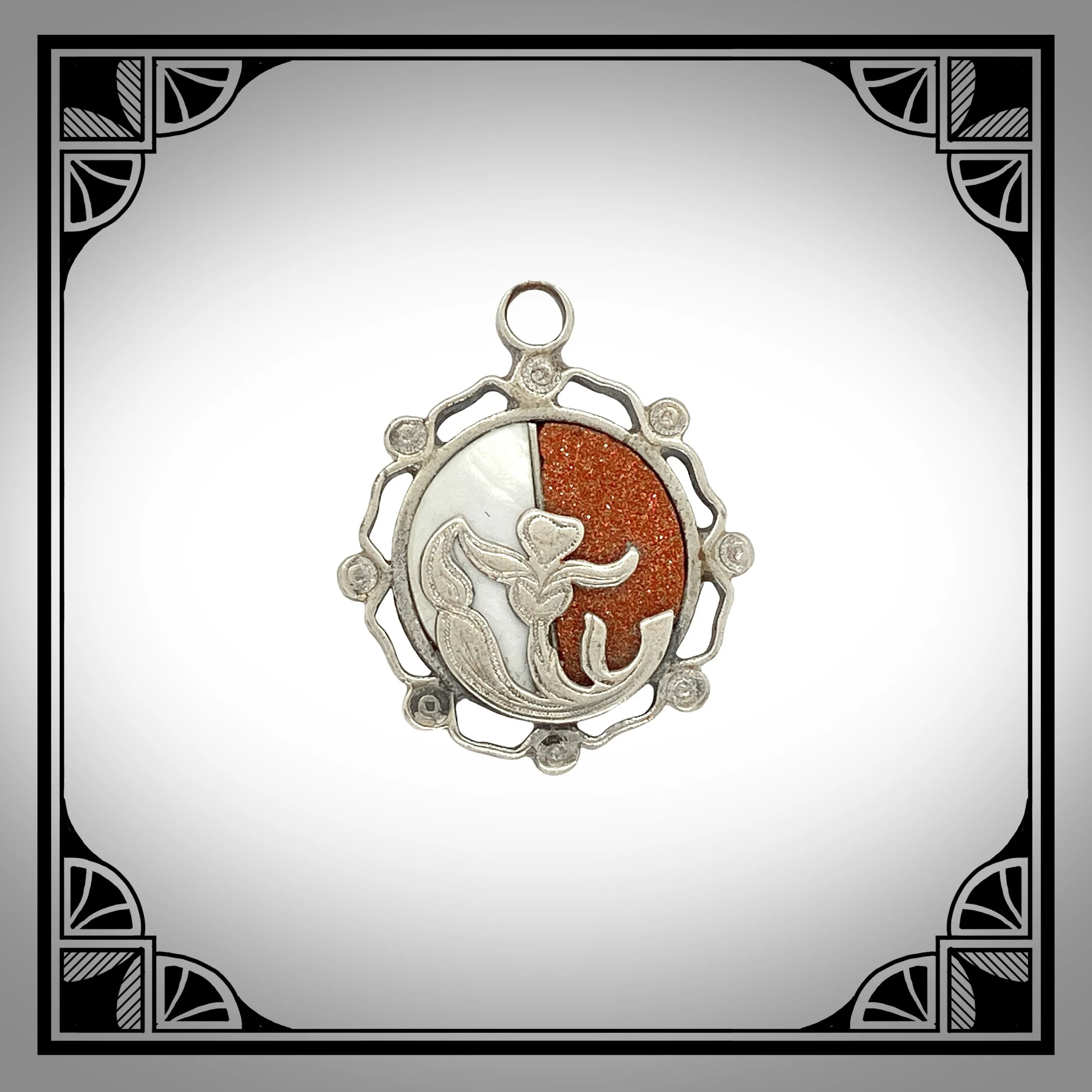 1900s German Openwork Jugendstil Pendant set with Goldstone & Mother-of-Pearl