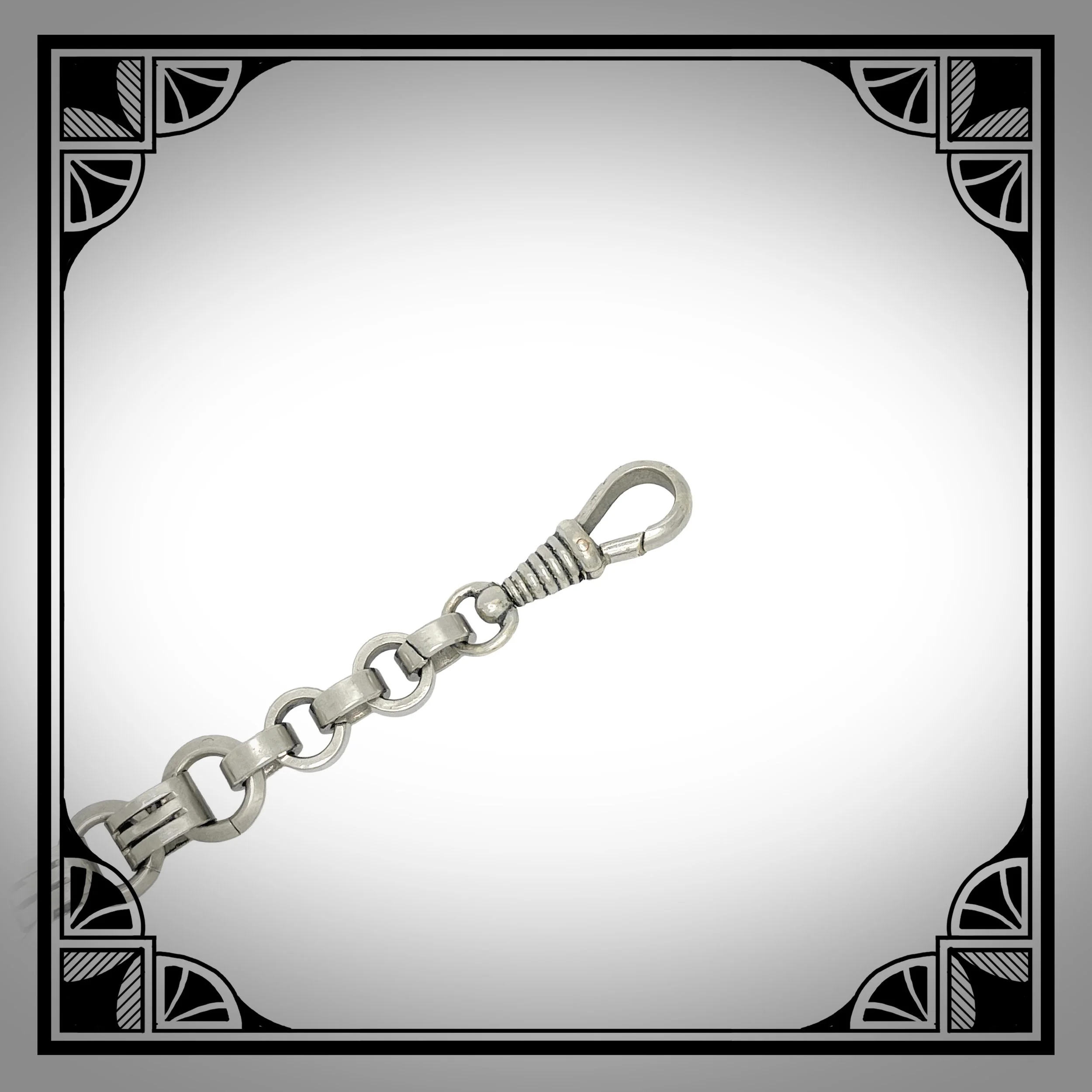1890s German Nickel-Plated Watch Chain set with decorated white glass inserts and Amber-Glass Spinner Pendant 3.jpg