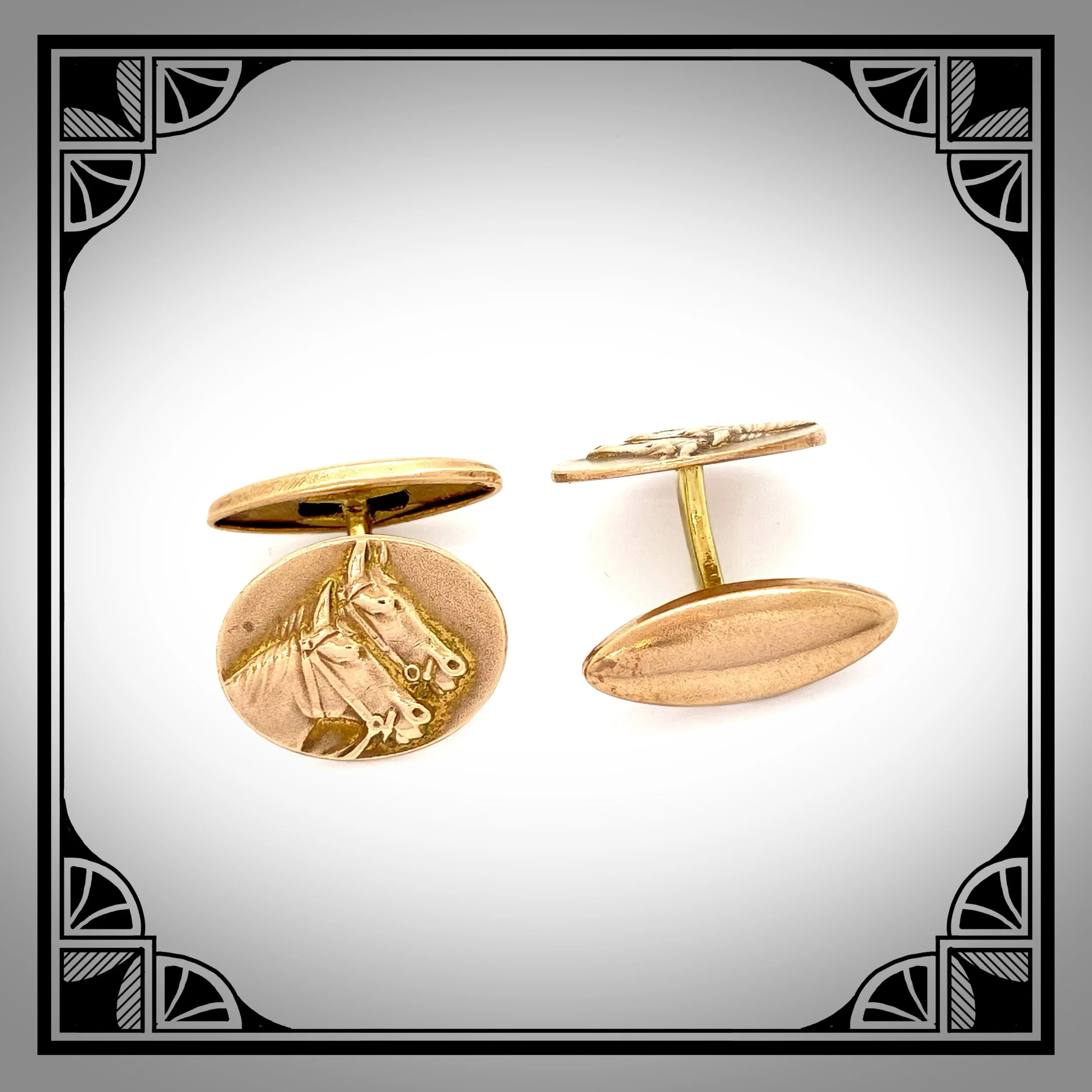 c1920 Brass cufflinks with cast facings featuring horses in relief 2.jpg