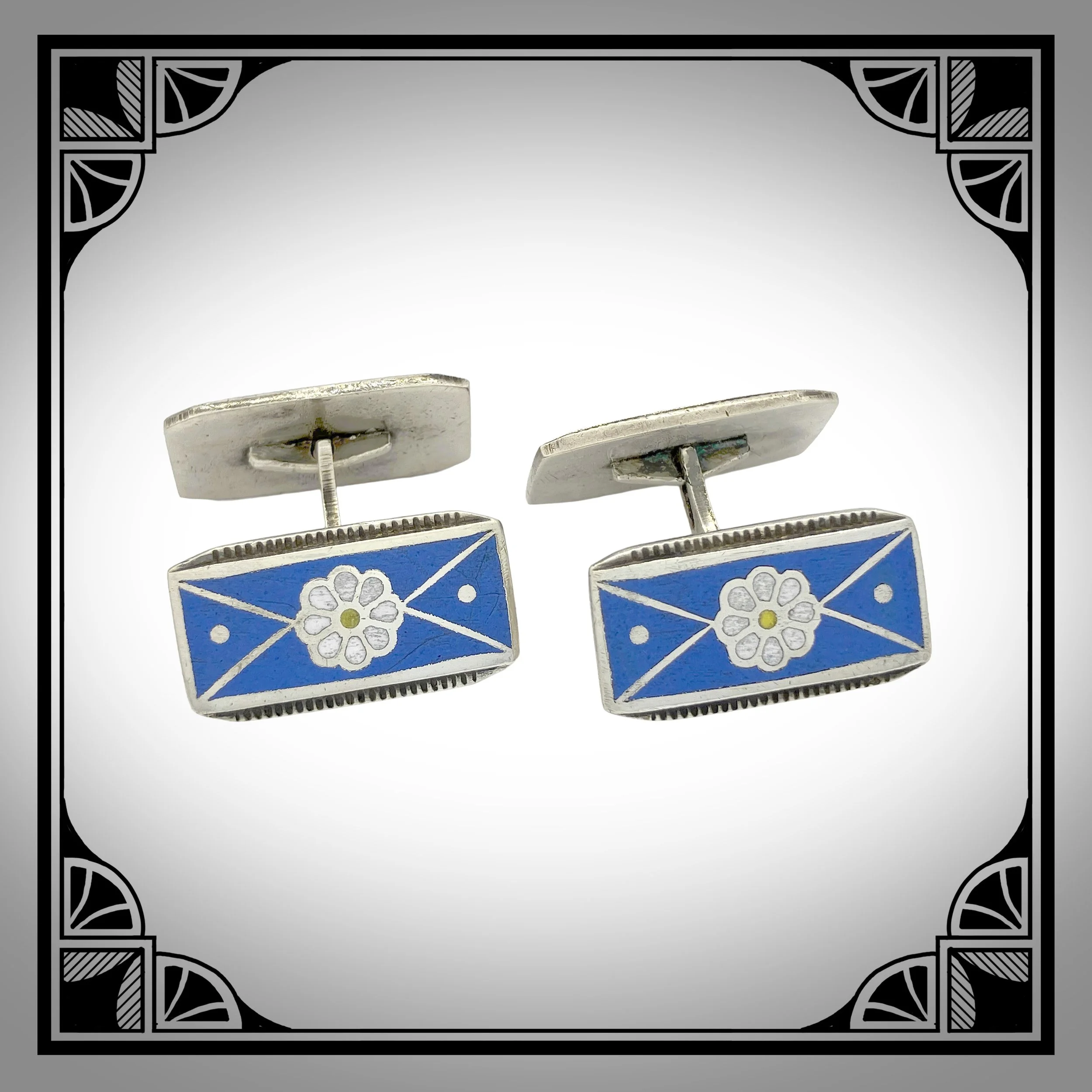 c.1940 Norwegian silver Art-Deco cufflinks with Enamel Champlevé Facings and flower motifs