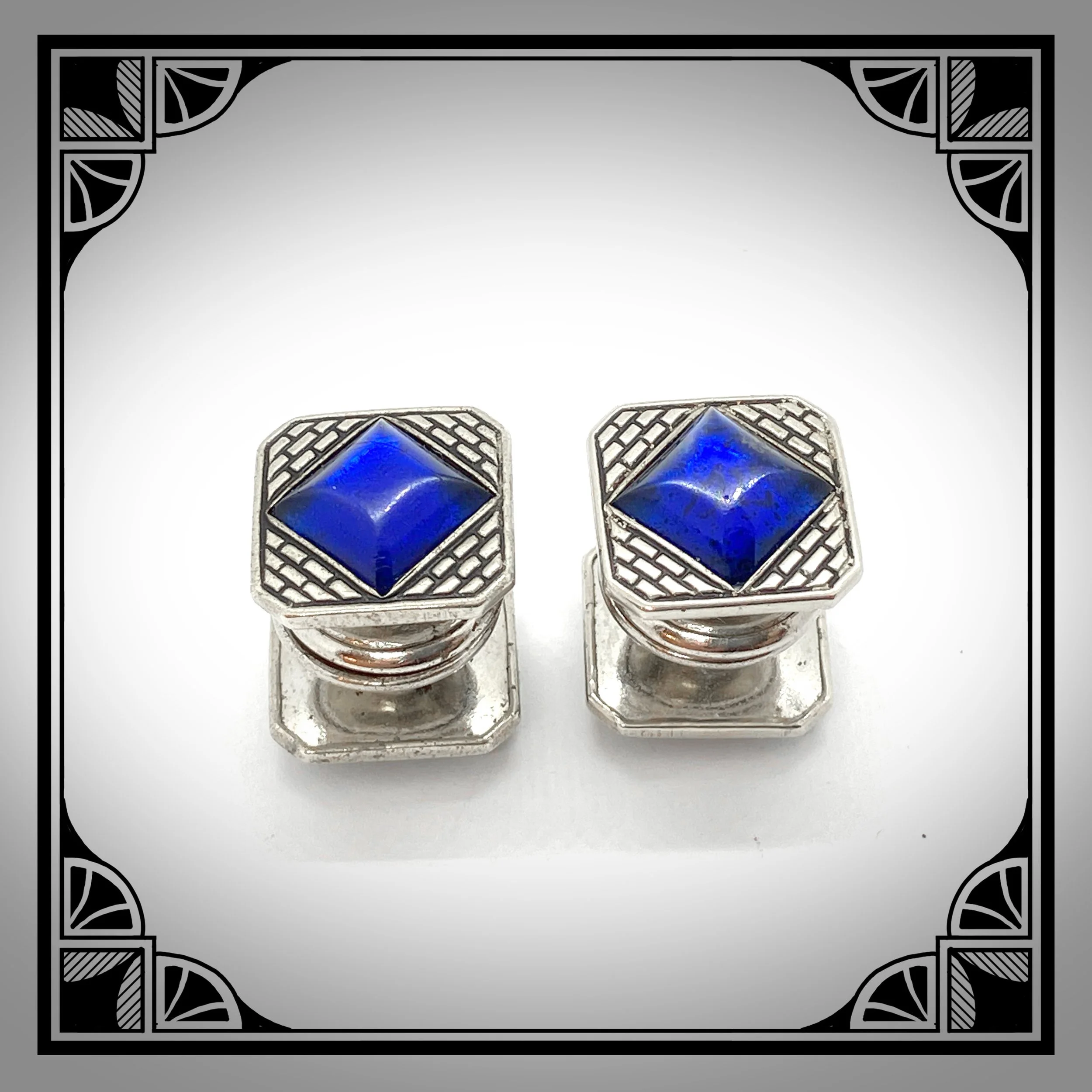 1930s American Art-Deco KUM-A-PART cufflinks with blue glass cabochons  by Baer & Wilde Co 2.jpg