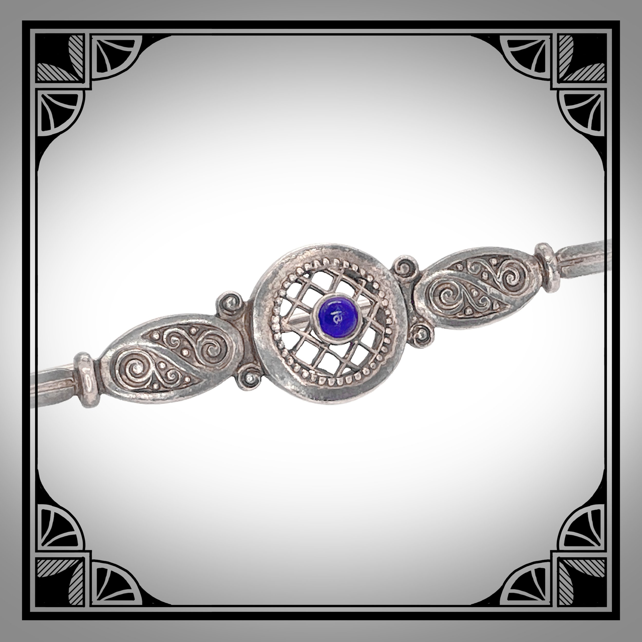 c1910 German Blued Silver Openwork Bar Brooch with Blue Cabochon by Andreas Odenwald 4.jpg