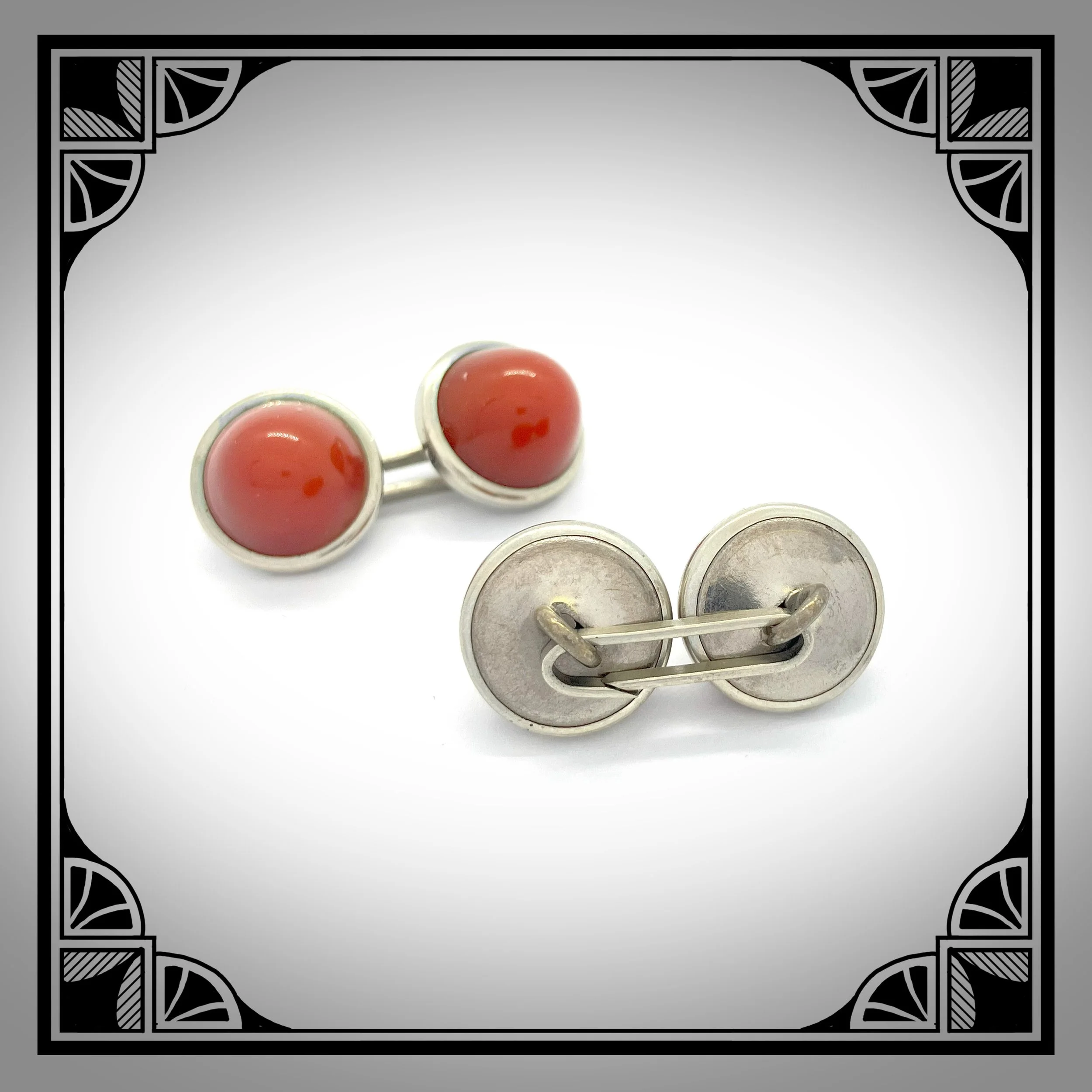 1930s White metal Coral cabochon cufflinks 3.jpg