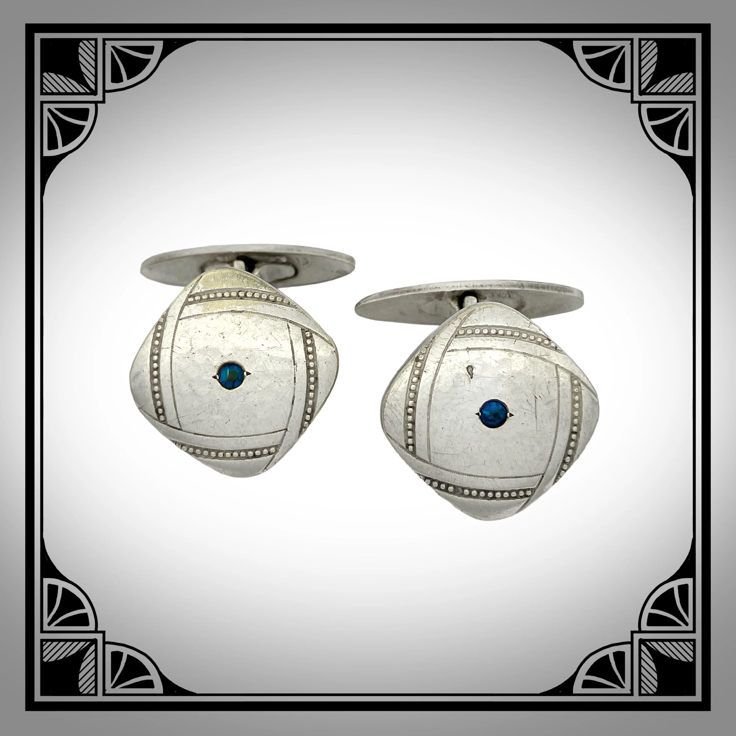1910s German Nickel-Silver-plated Jugendstil Cufflinks with Blue Glass Stones