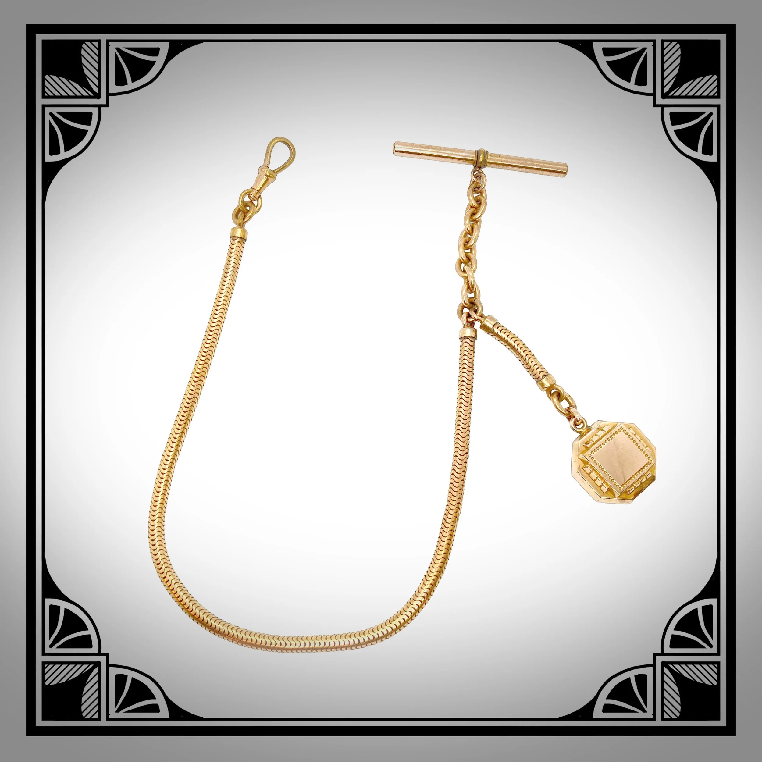 c.1920 American Gold-Plated Snake-Link Watch Chain with matching fob