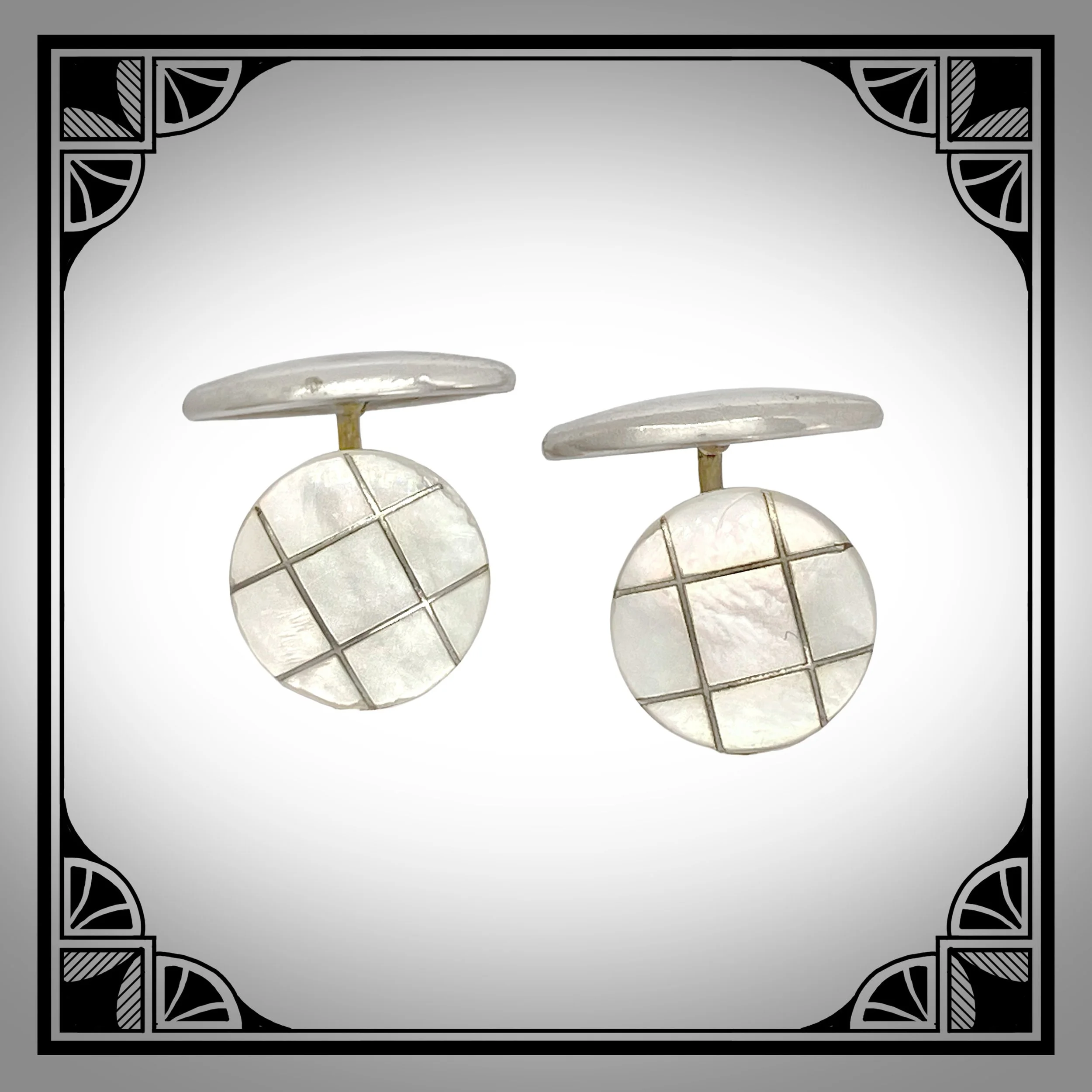 1910s white metal cufflinks with treillage mother of pearl facings