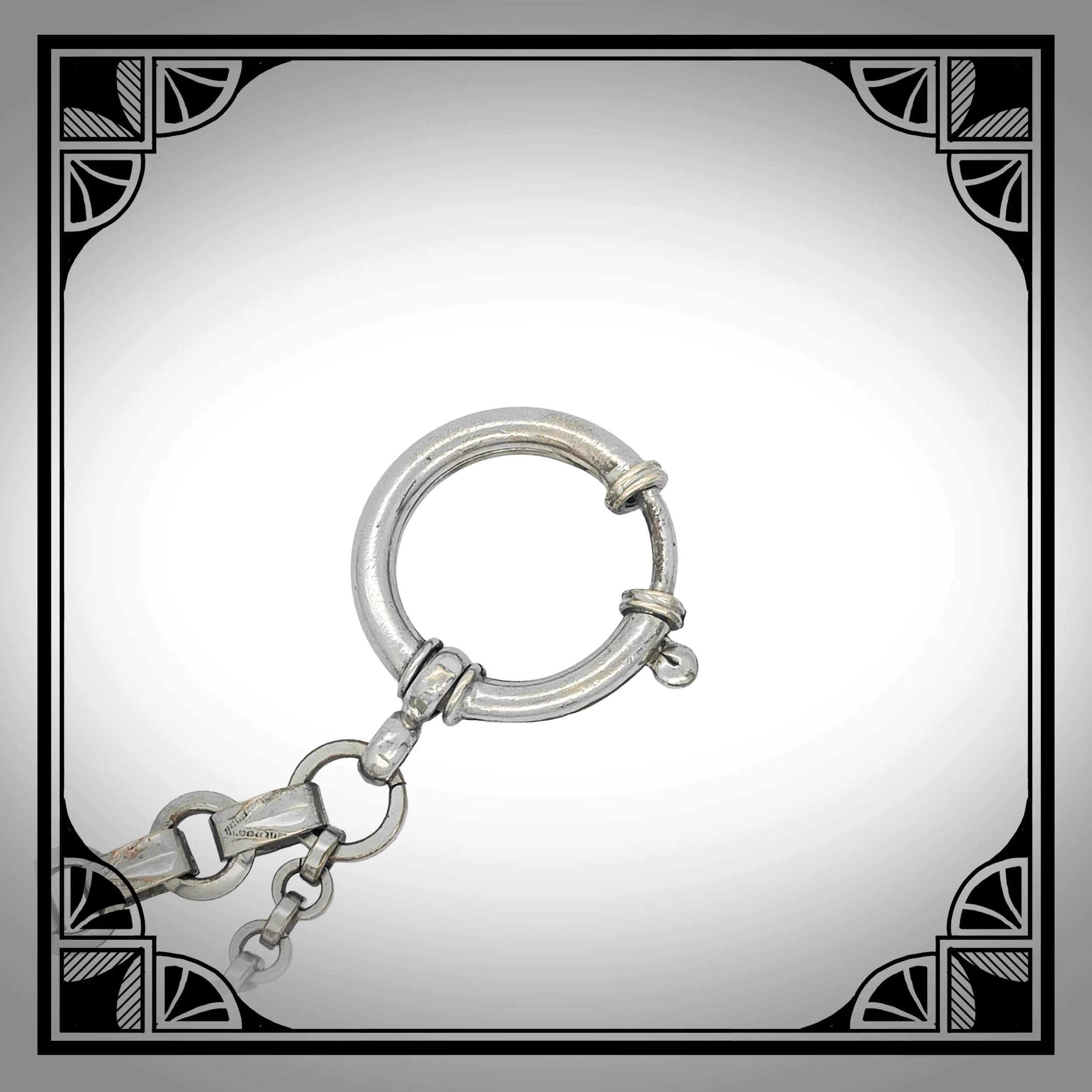 1930s German Chromium-Plated Art-Deco Watch Chain with Green-Glass Louis XVI Revival Fob 6.jpg