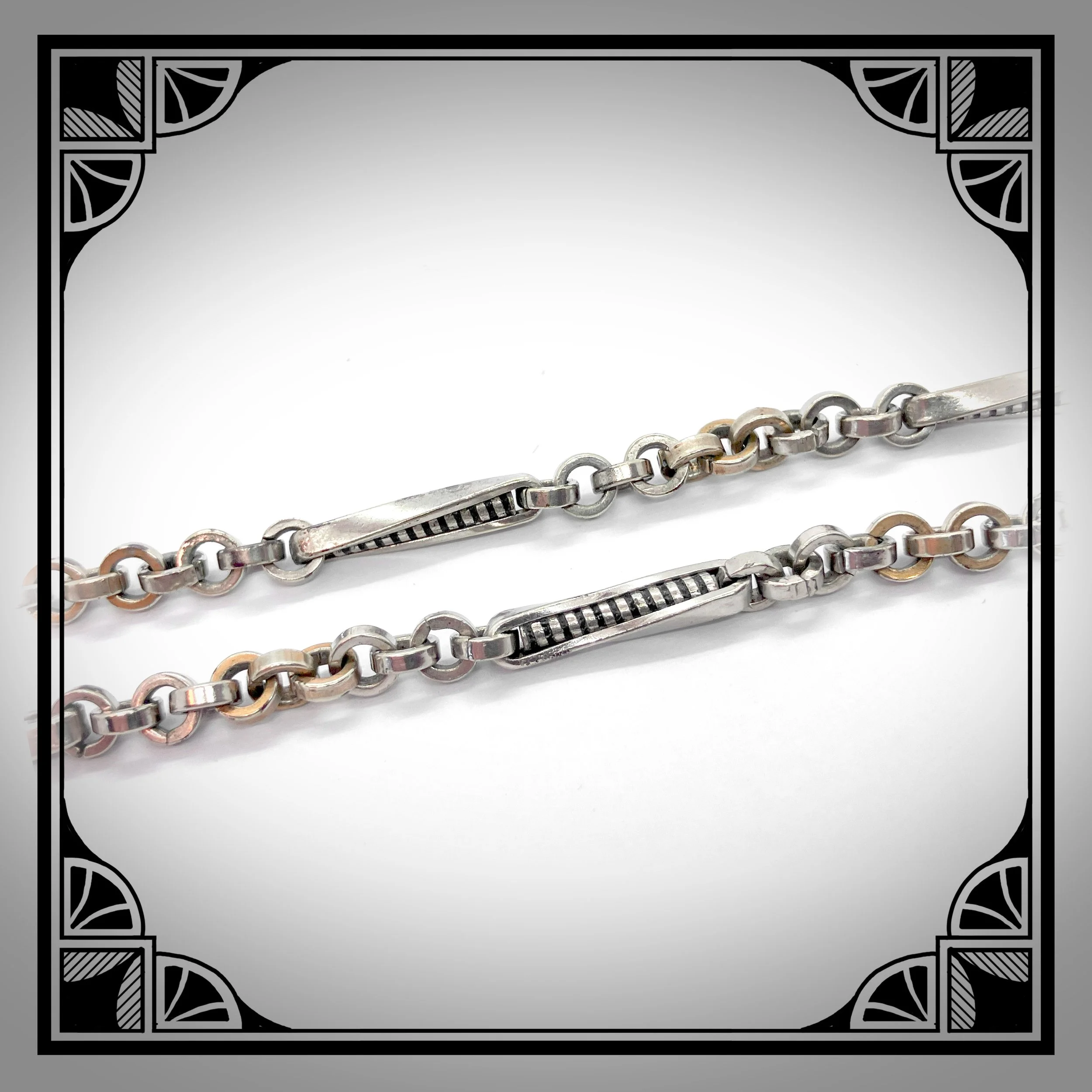 1930s nickel waldemar chain with silver and gold links and twisted fancy links 4.jpg