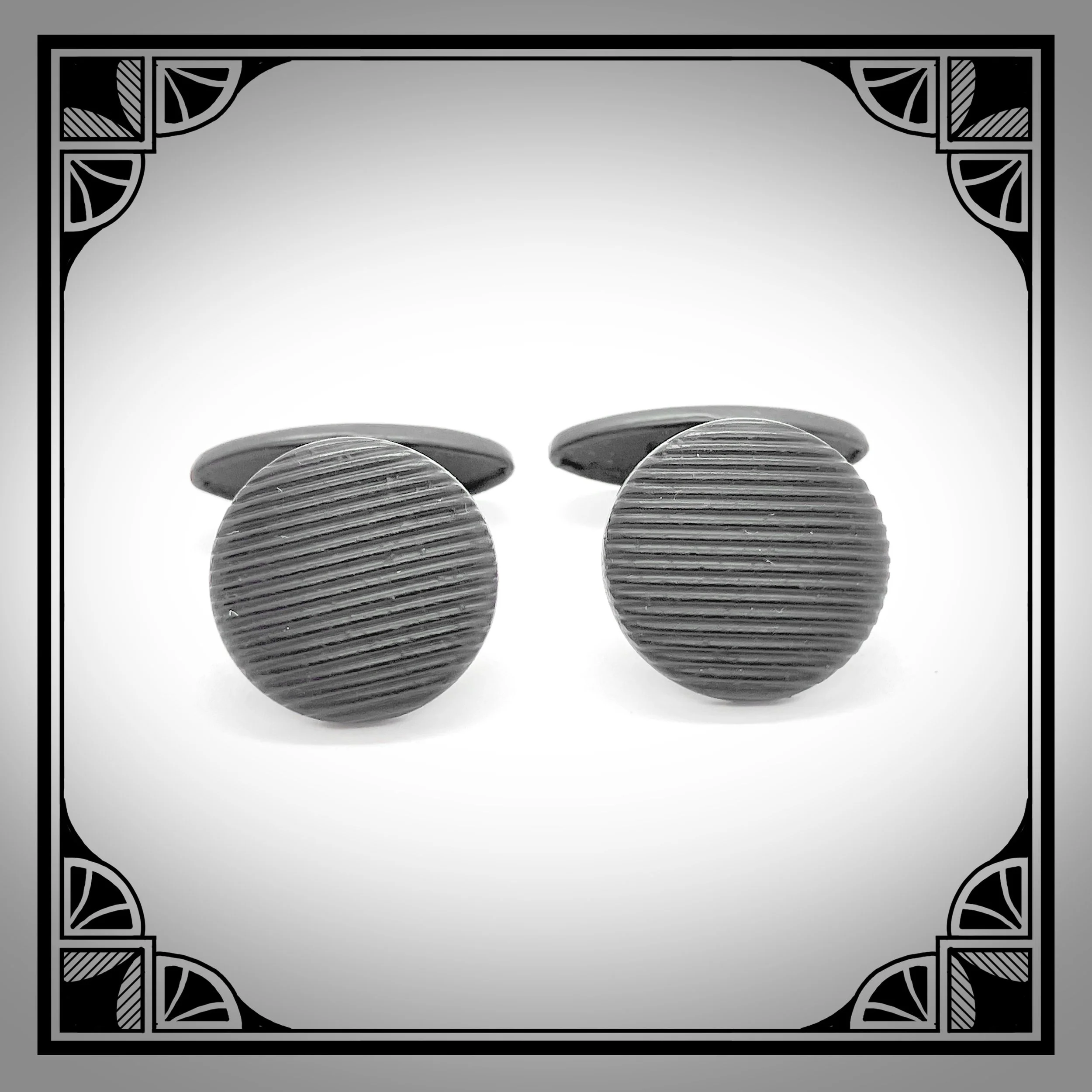 c1930 Black Art-Deco evening wear cufflinks with striped reliefs 2.jpg