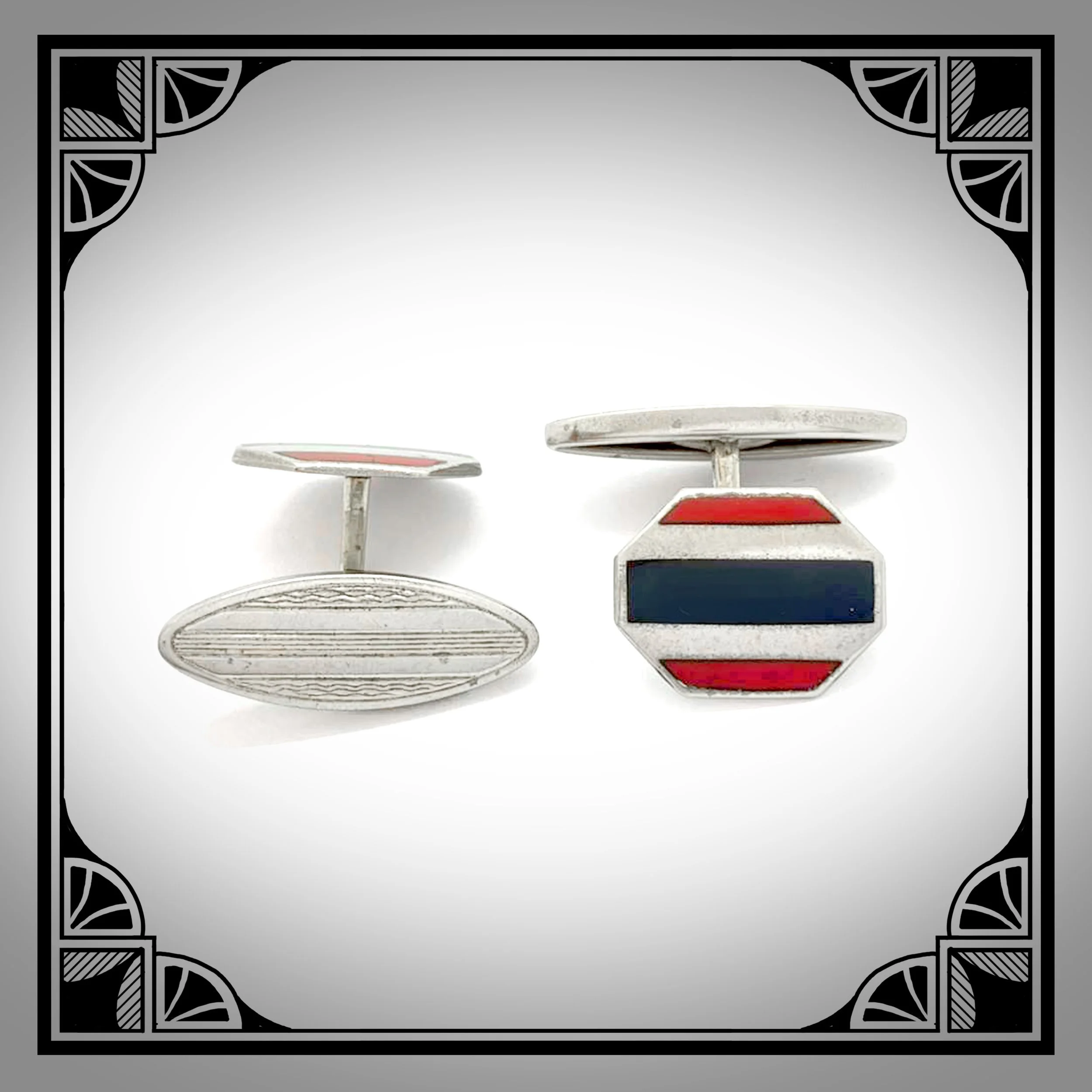 1930s French White metal Art-Deco Cufflinks with red & black enamel by MURAT 2.jpg