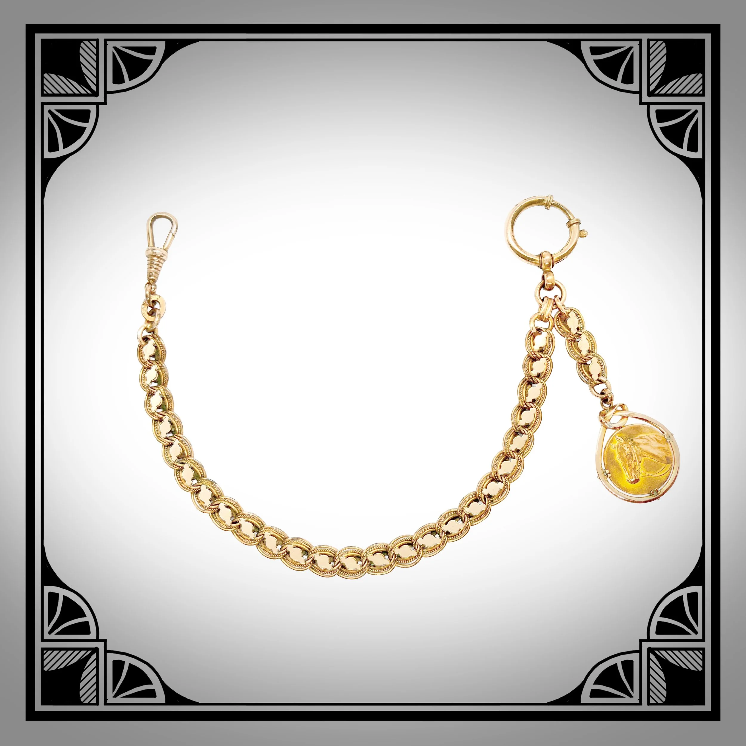 1900s German Gold-Plated Jugendstil Watch Chain with Equestrian Medallion by Kollmar & Jourdan