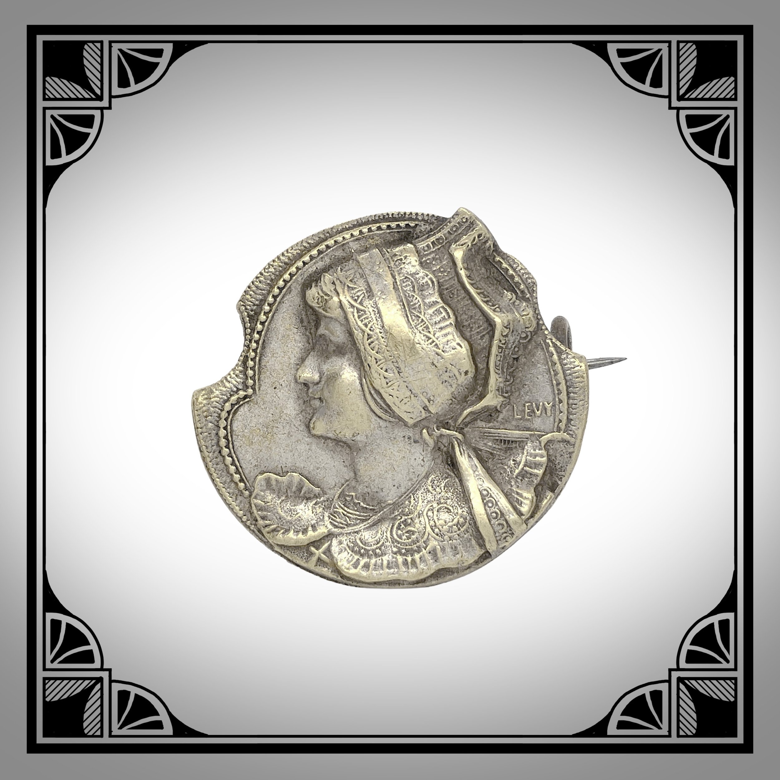 1900s French Silver-plated Art-Nouveau Breton brooch signed Levy