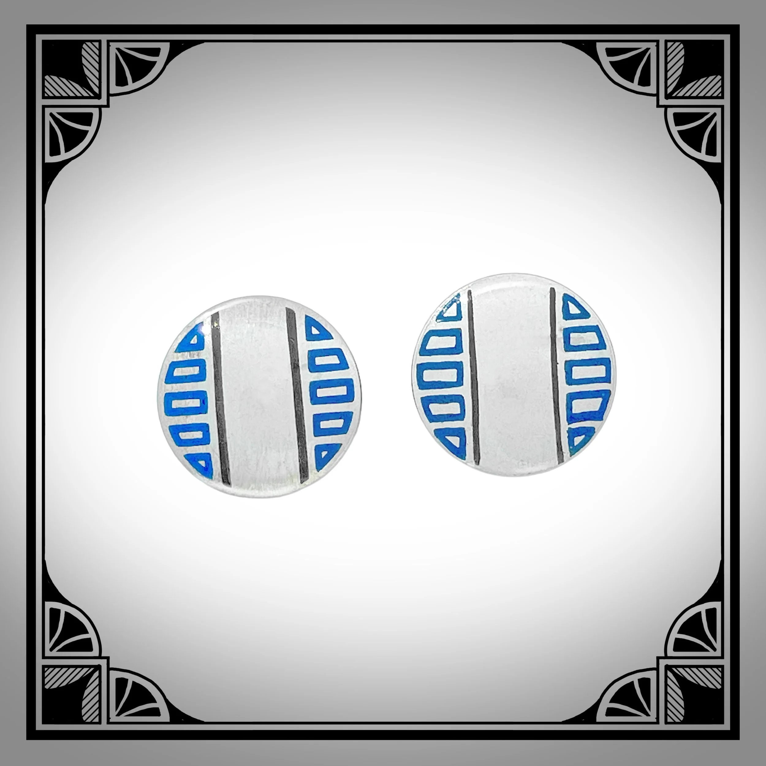c.1930 White Metal Art-Deco Snap-Link Cufflinks with Blue and Black Champlevé Enamel 2.jpg