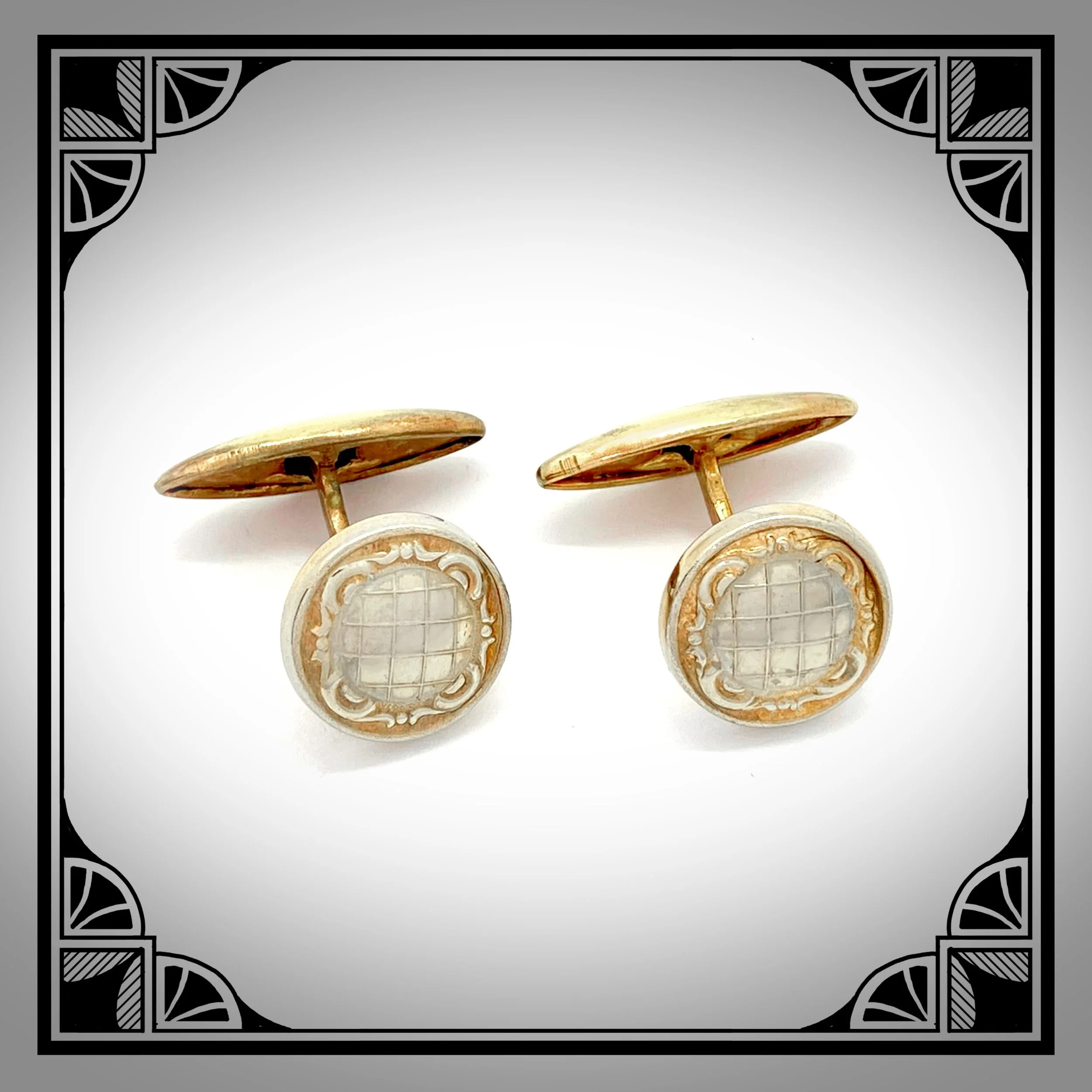 1920s Two-Tone Decorative Cufflinks Combining Geometric Patterns and Ornate Frames.jpg