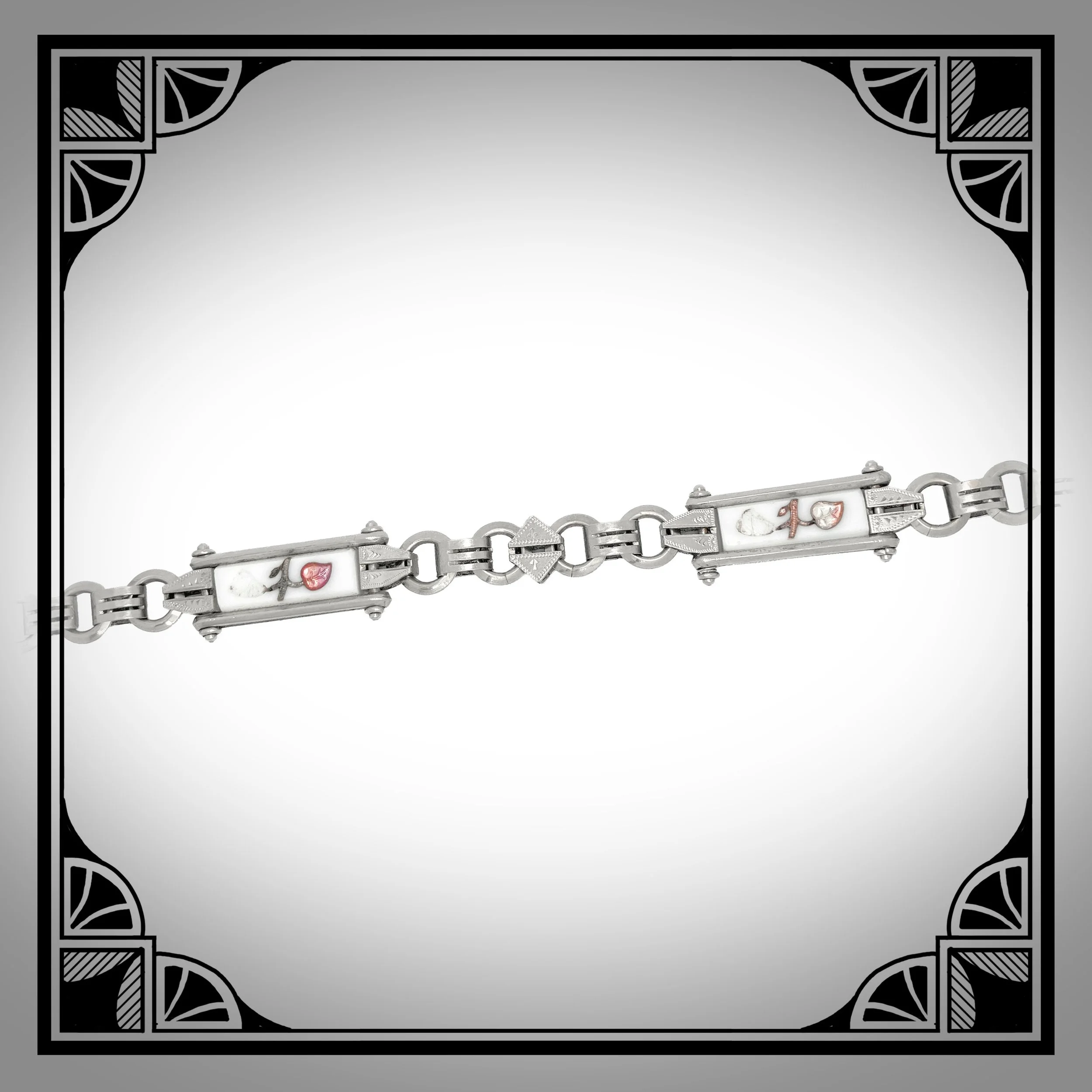 1890s German Nickel-Plated Watch Chain set with decorated white glass inserts and Amber-Glass Spinner Pendant 5.jpg