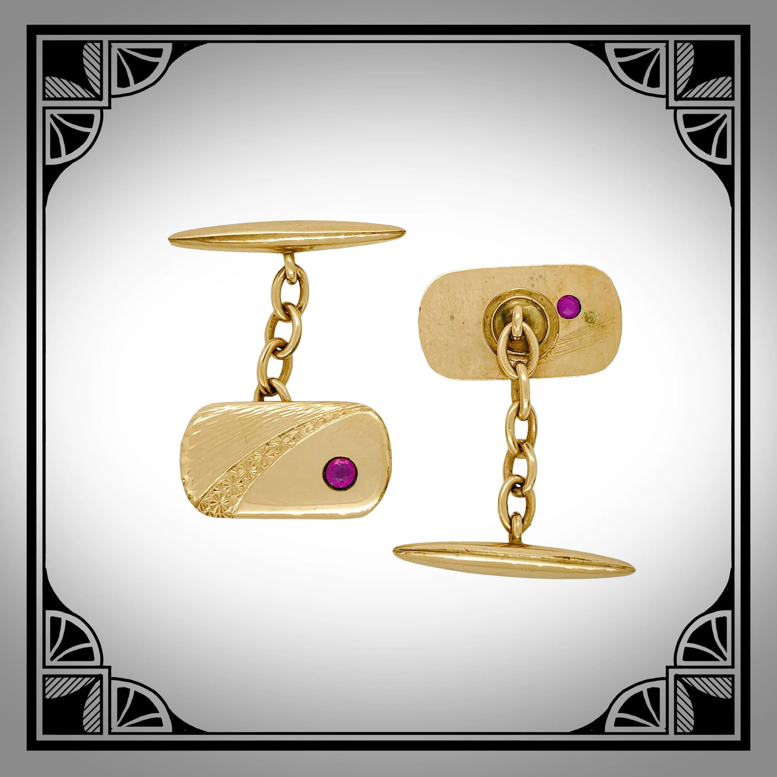 1900s German Gold-Plated Jugendstil Chain-Link Cufflinks with die-struck motifs and Ruby-Red Glass gemstones 2.jpg