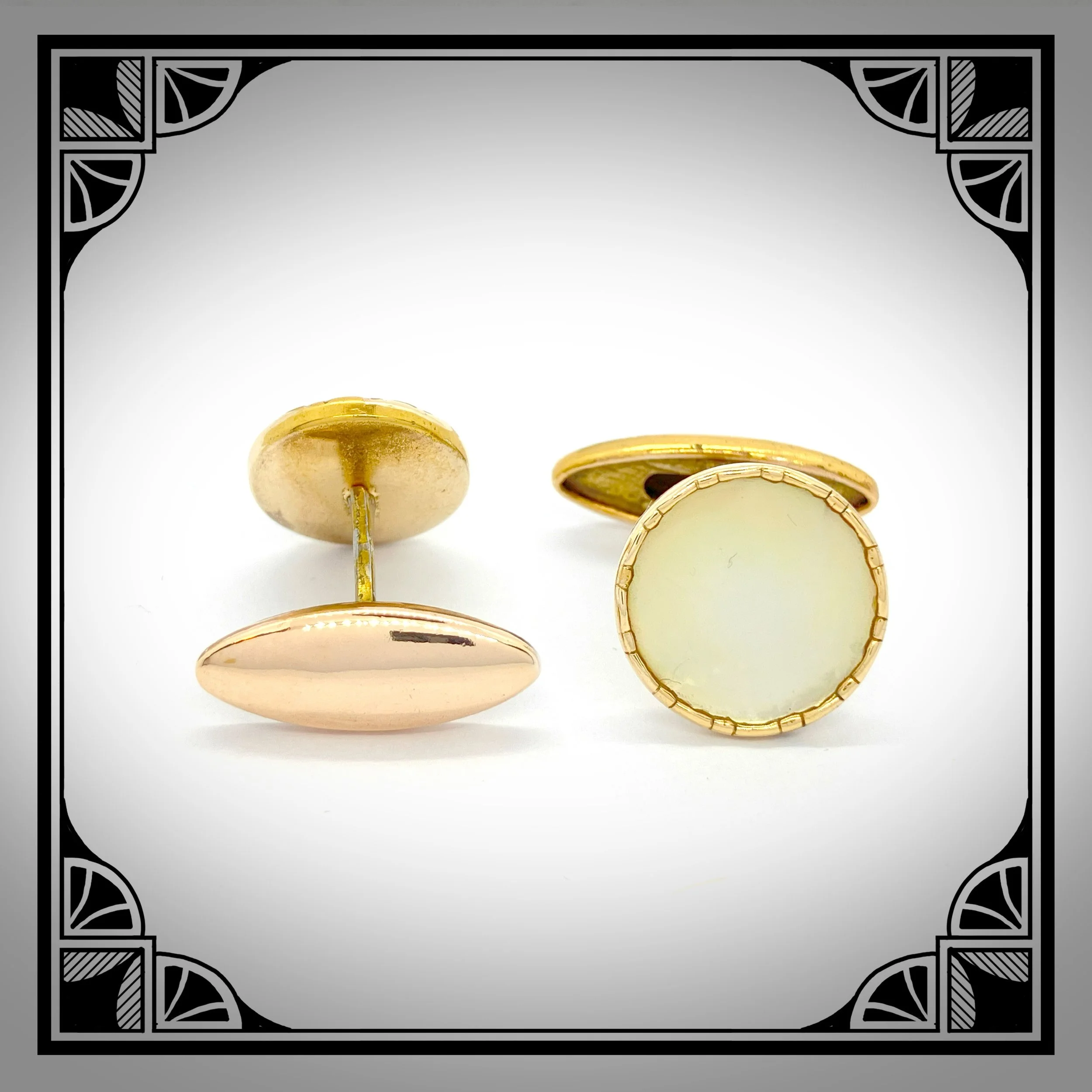 1920s gold mother of pearl cufflinks in subtle decorated frame 2.jpg