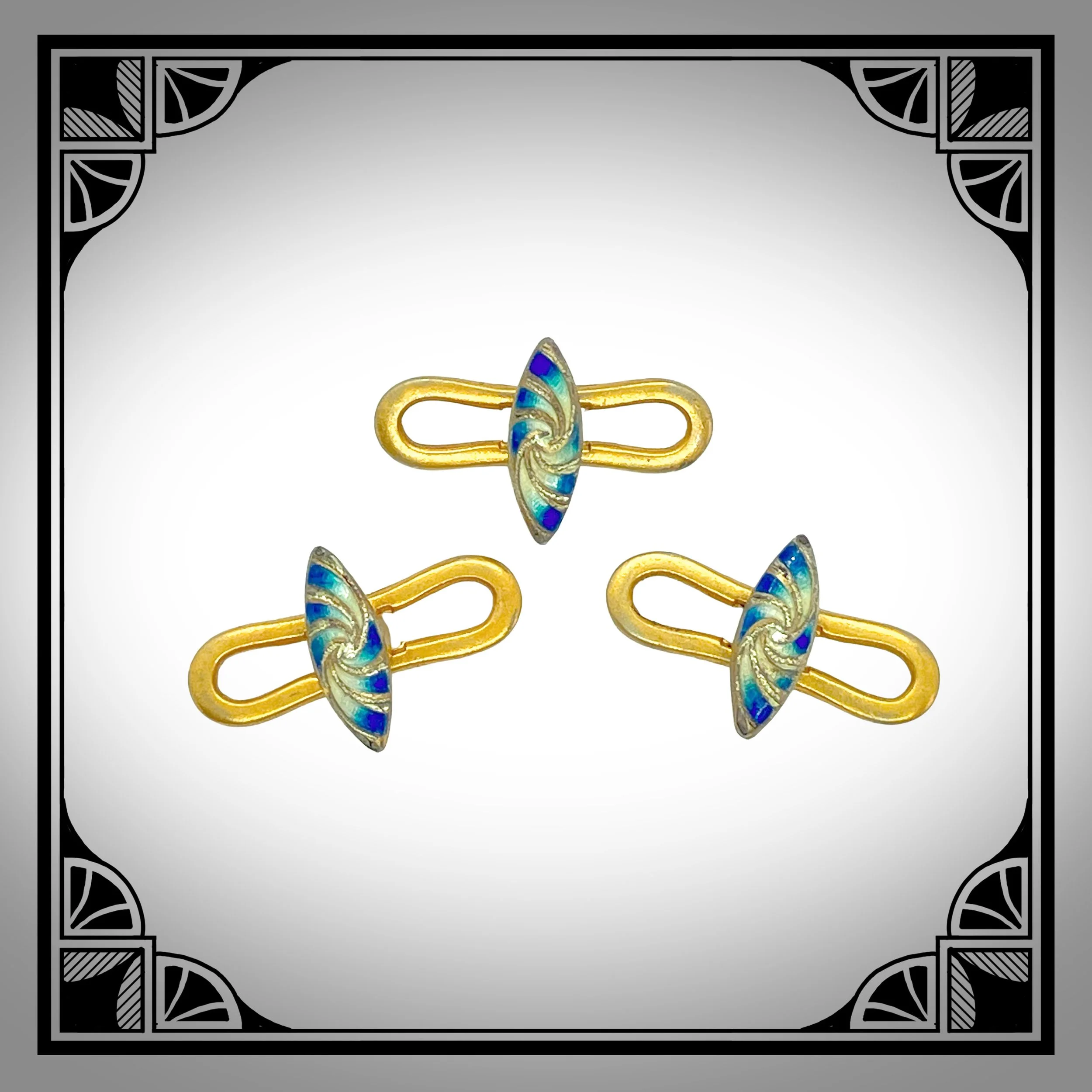 1910s Gold-Plated Shirt Studs with Swirling Motif Navettes in Blue Champlevé Enamel 2.jpg