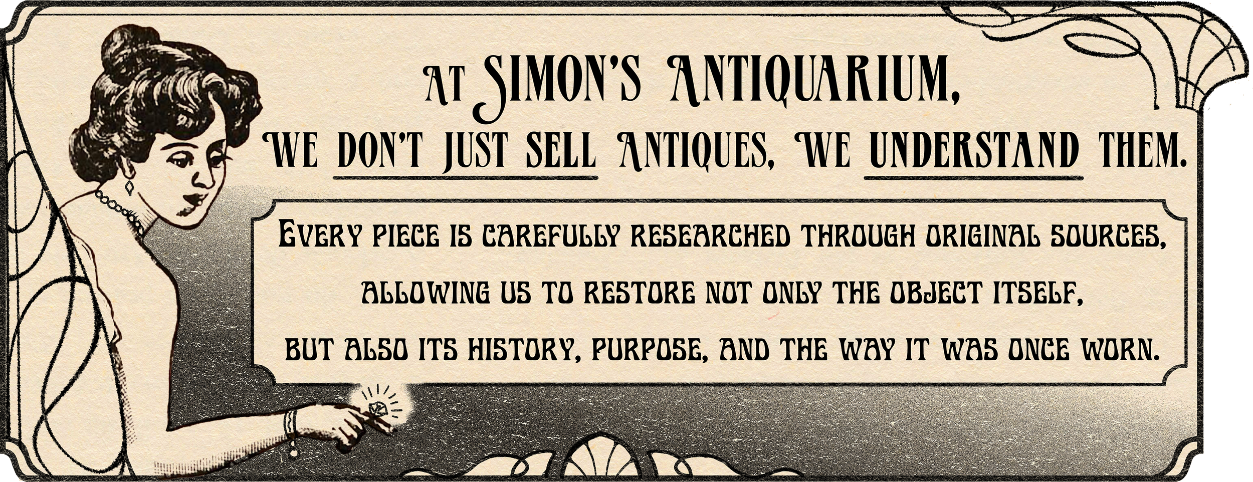 A vintage advertisement for Simon's Antiques featuring a woman holding a ring, with text about understanding and researching antiques for restoration.