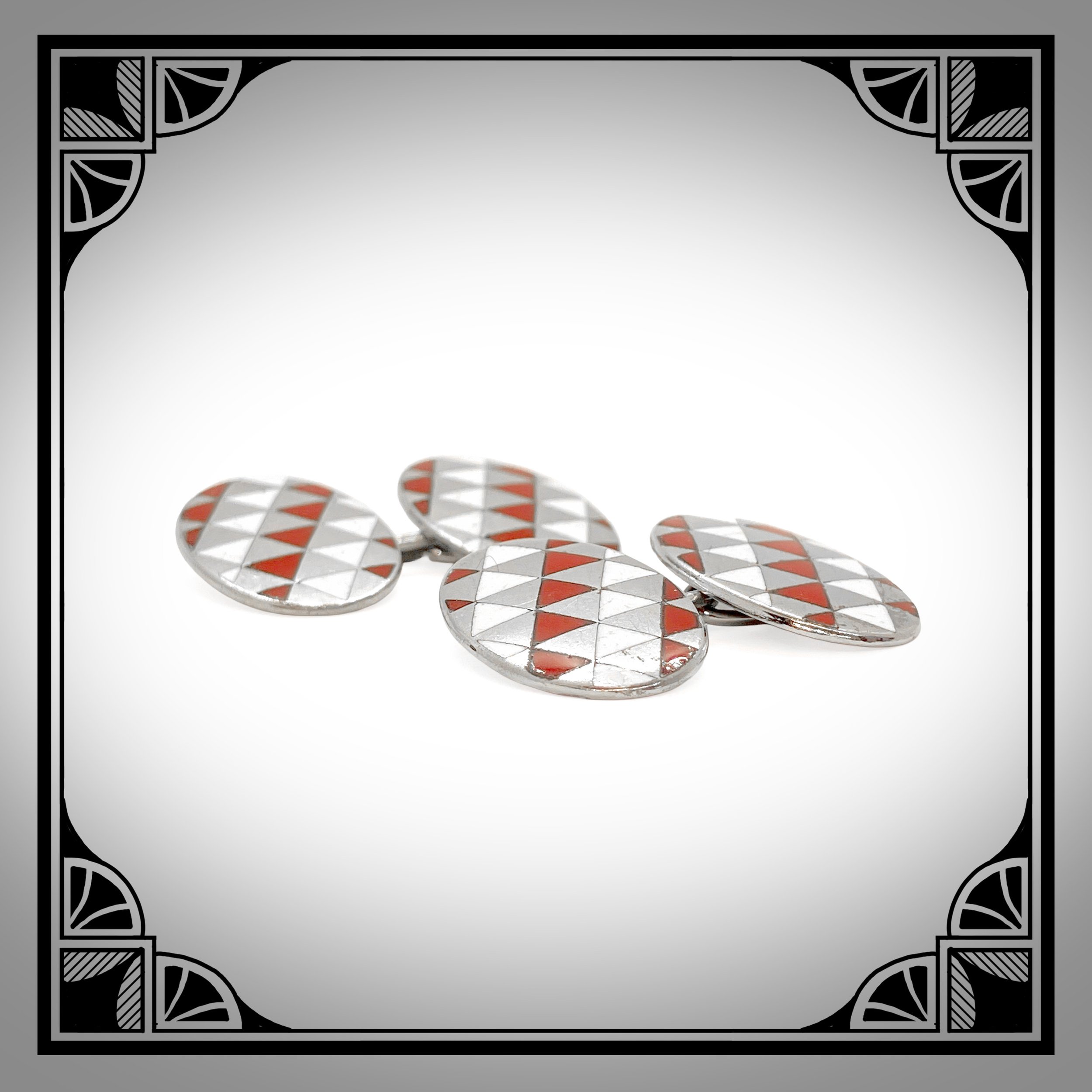 c1930 Double-sided Art-Deco Cufflinks with red & white triangular pattern in enamel champlevé, made by Maison MURAT 2.jpg