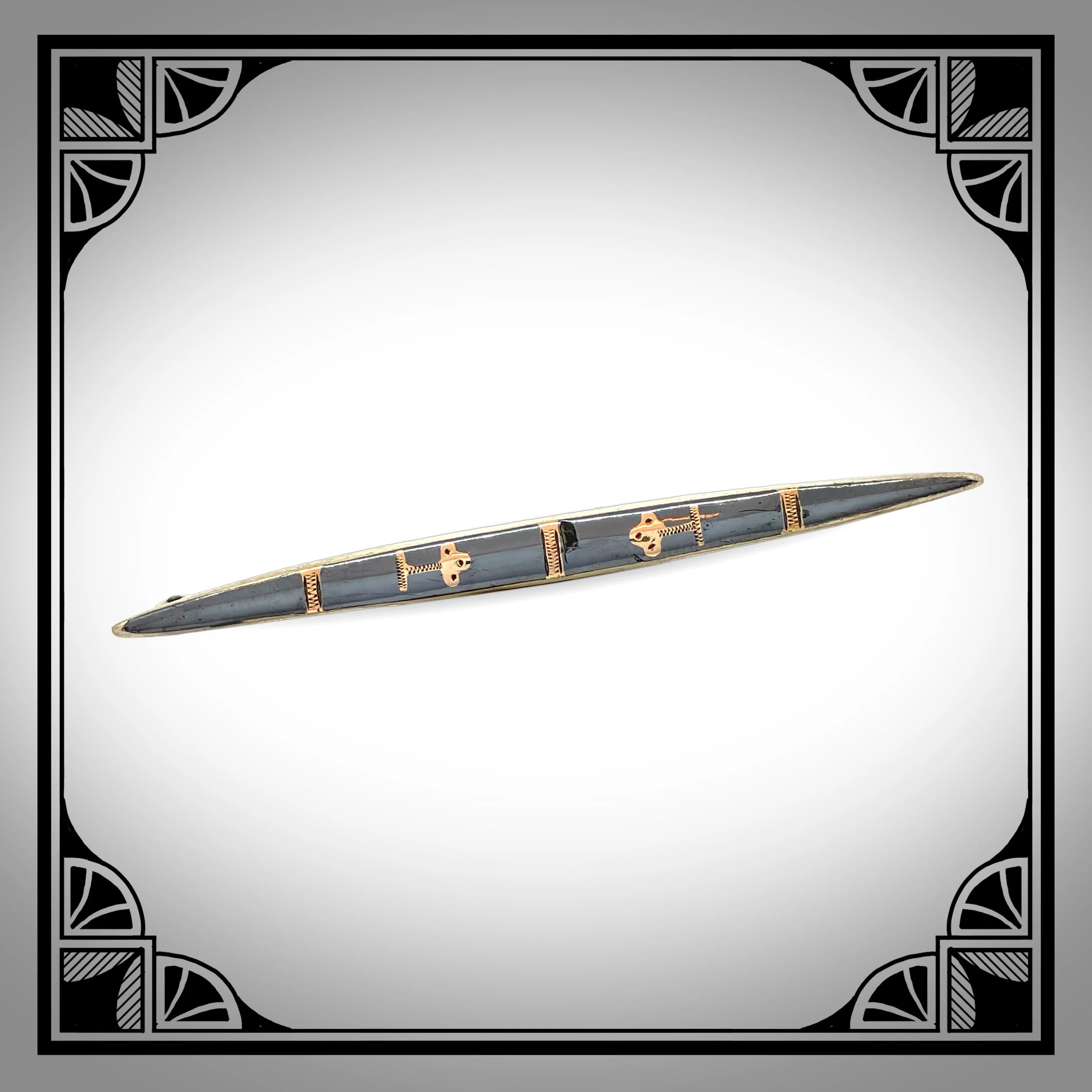 c.1910 Navette shaped Niello silver bar brooch with rose gold accents