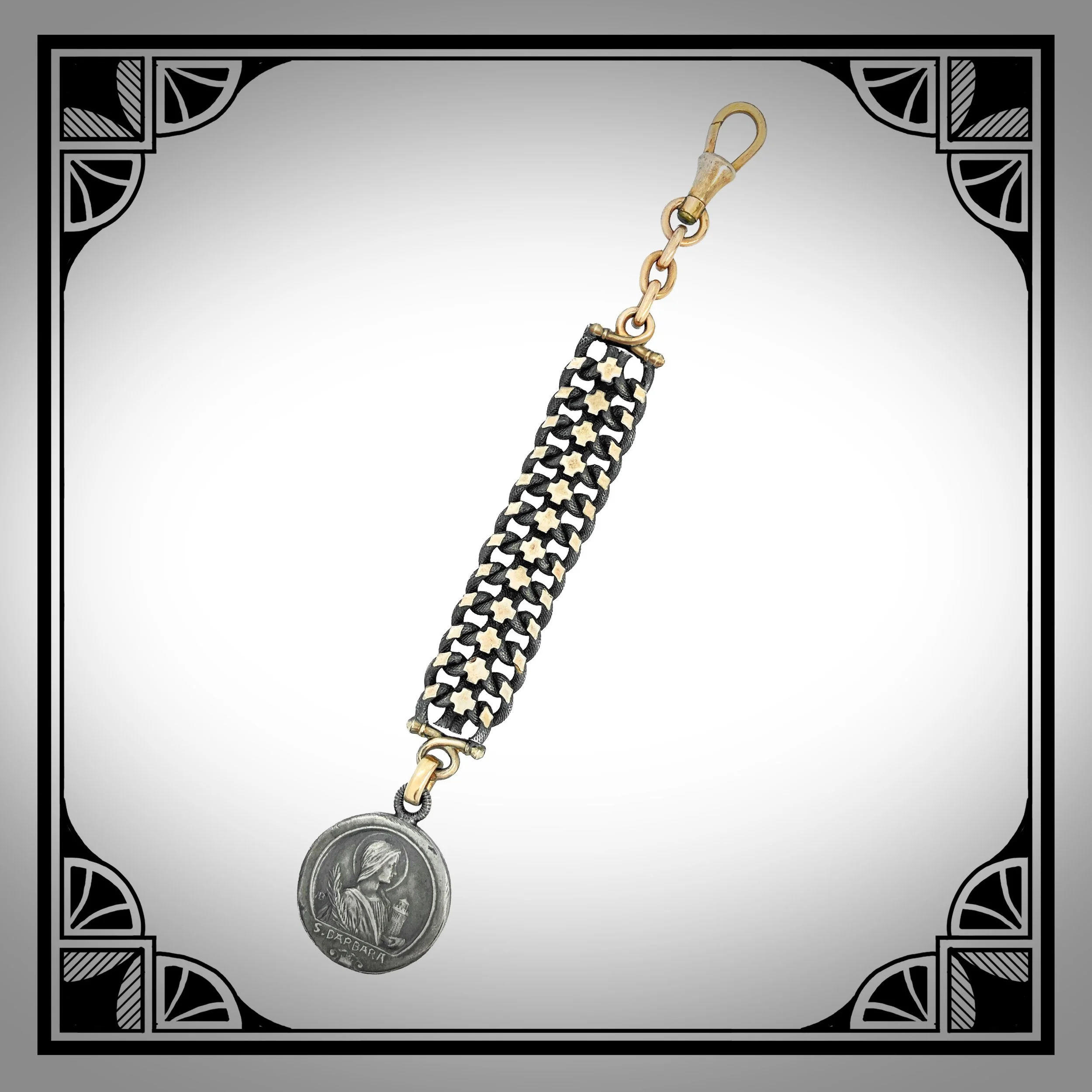 1880s French Oxidised Silver-Plated Watch Fob with Gold-Plated Appliqués and Saint Barbara Medallion