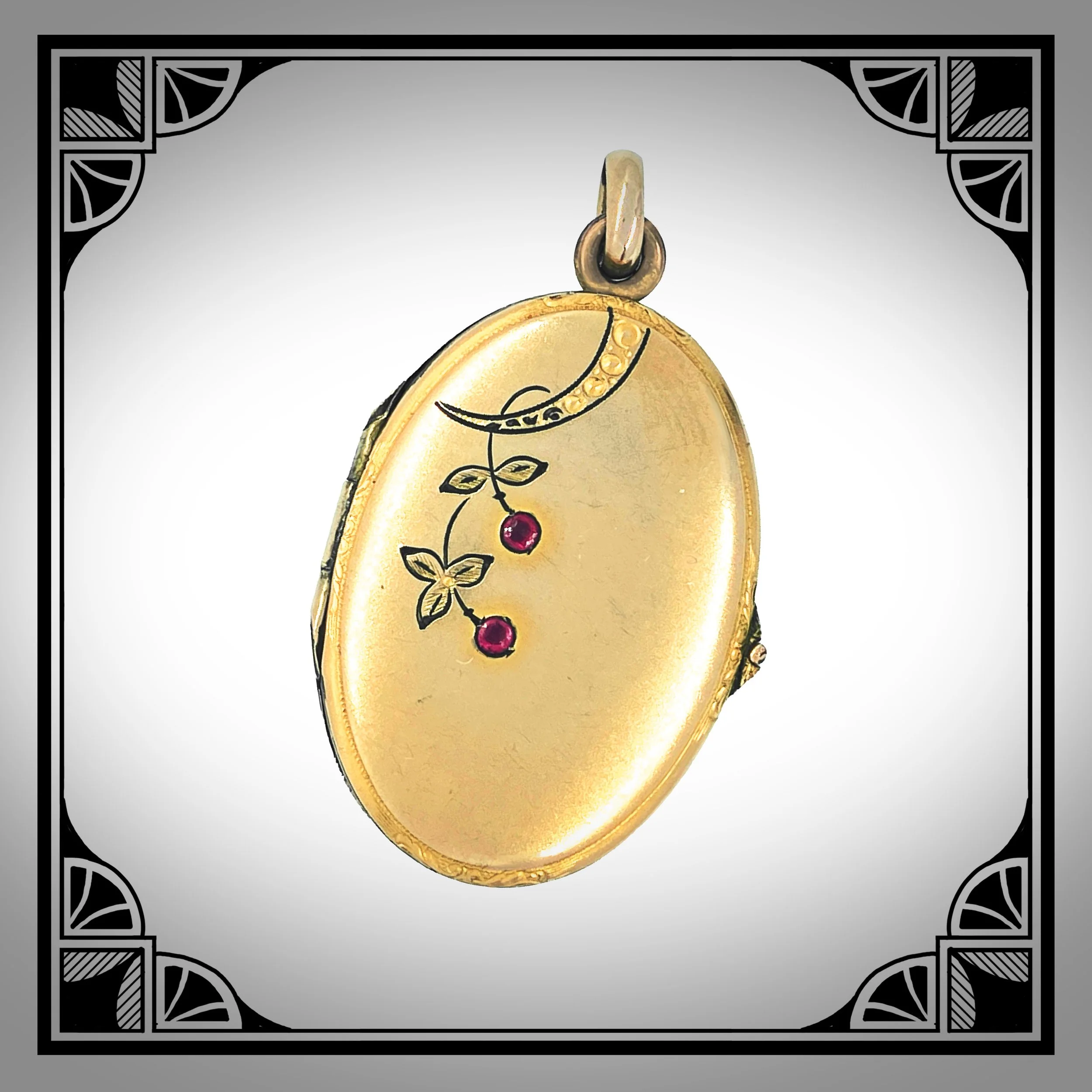 c.1910 Gold-Plated Art-Nouveau picture locket with floral engraving and die-struck motifs, set with two red stones