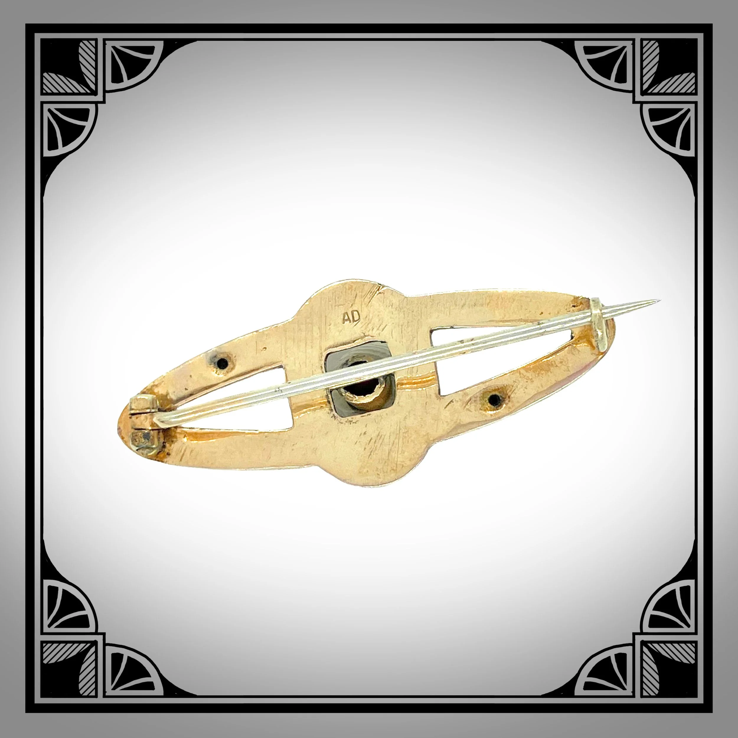 c1910 German Gold-Plated Ringed Navette Brooch with Red Gemstone 3.jpg