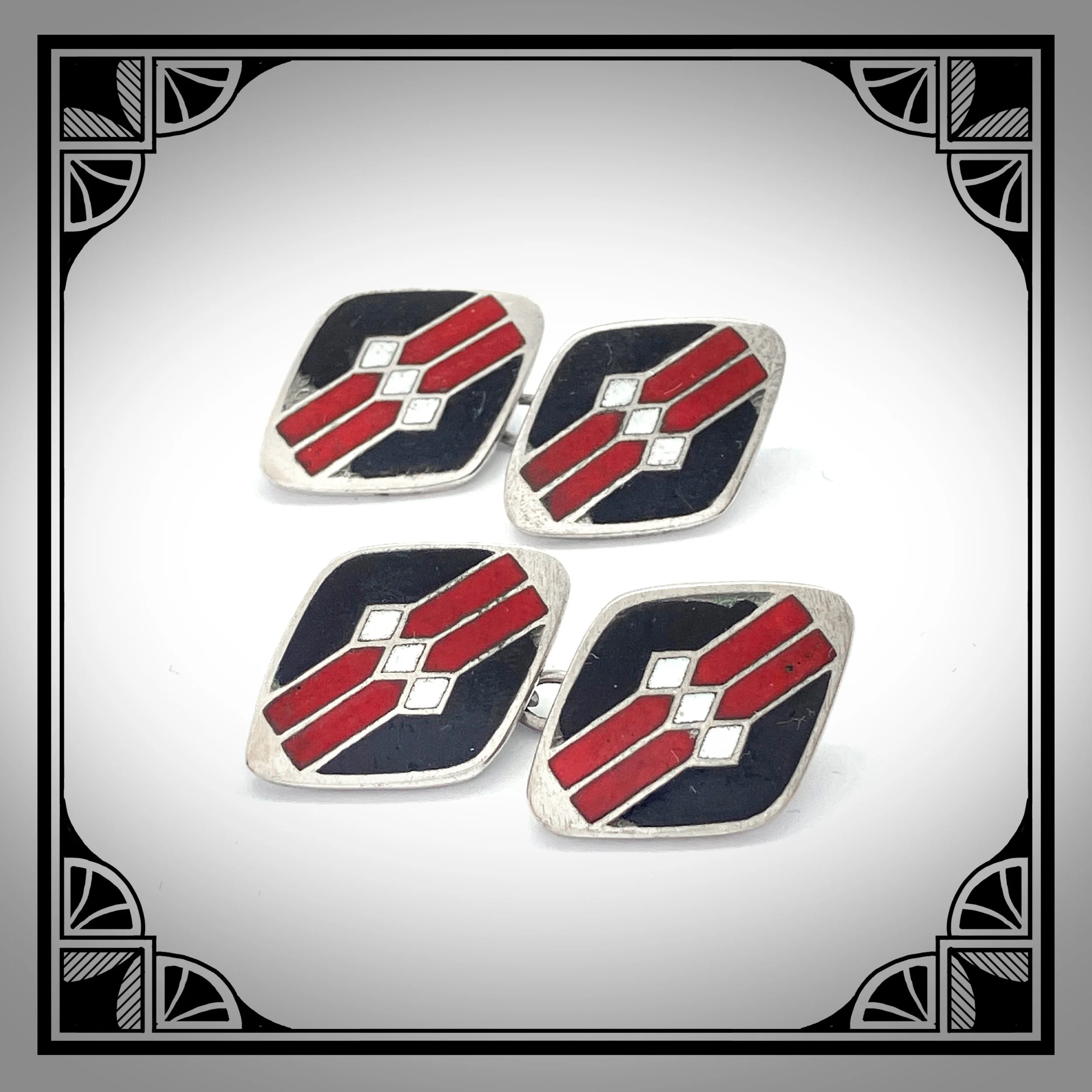 1930s Double-sided Art-Deco Cufflinks with red, black & white champlevé enamel motifs