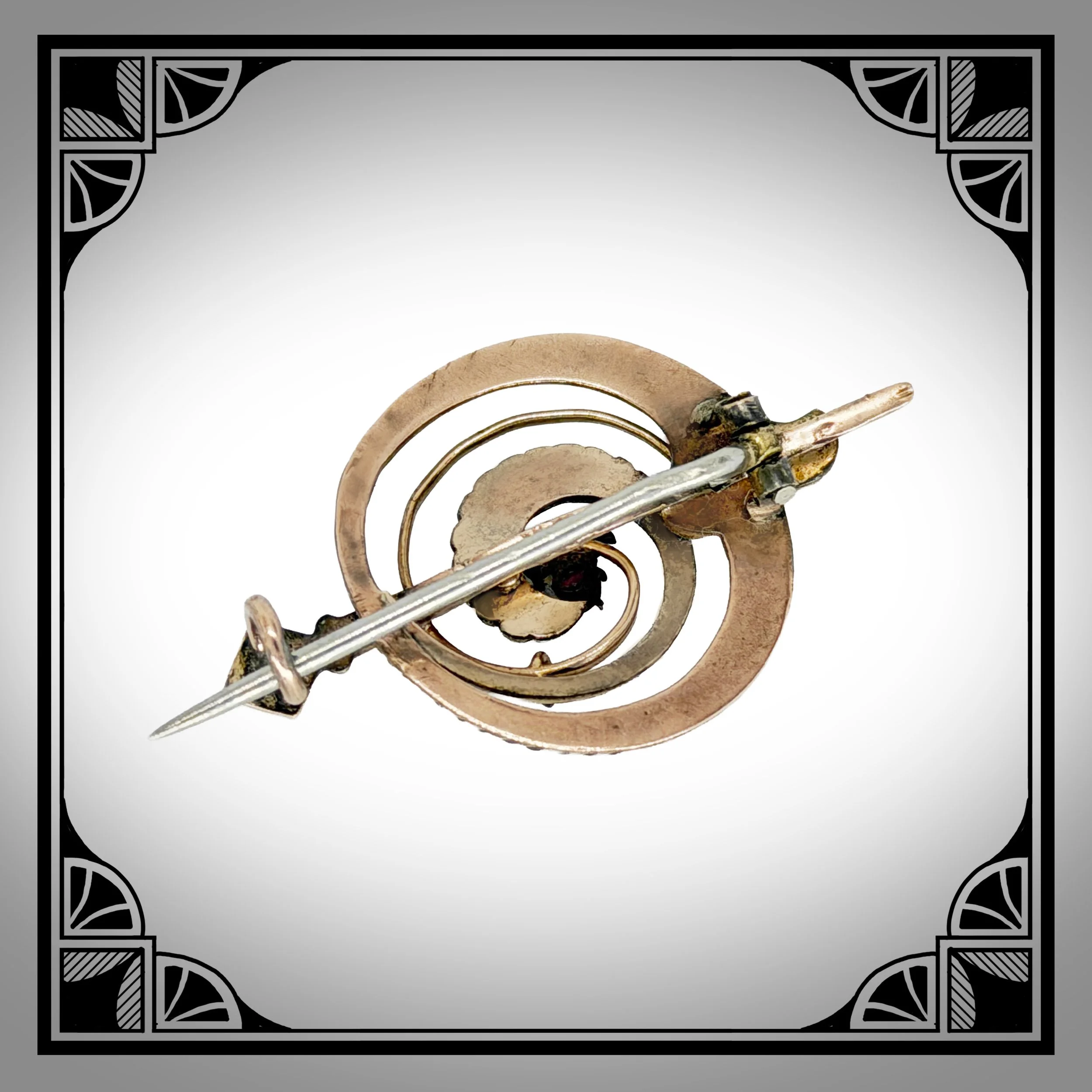 c1890 German Gold-Plated Spiraling Rococo Revival Brooch with Seed Pearls and Coloured Rhinestones 2.jpg