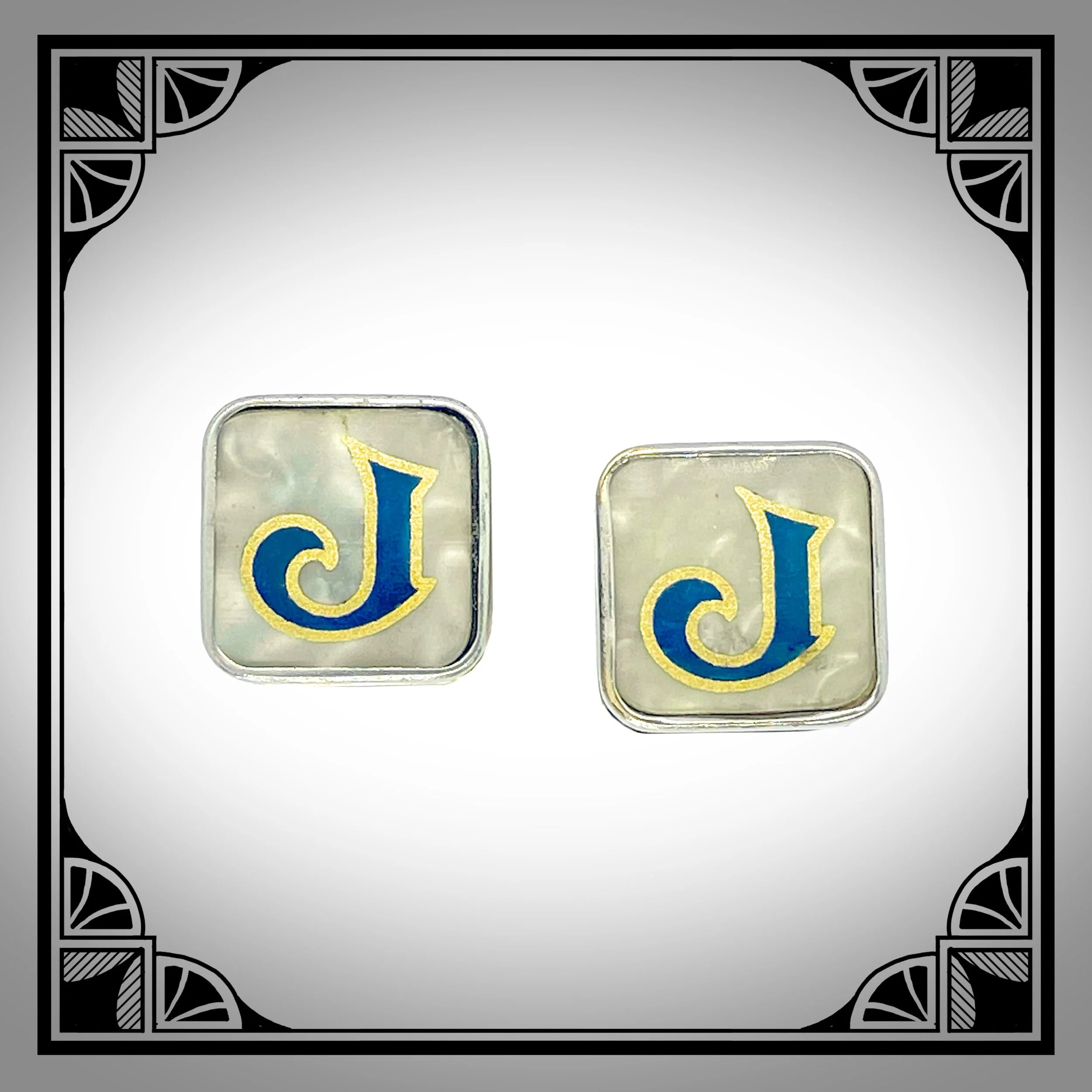 1930s 1930s Nickel-Silver Plated  Snap-Link Cufflinks with Celluloid facings featuring J Initials 2.jpg