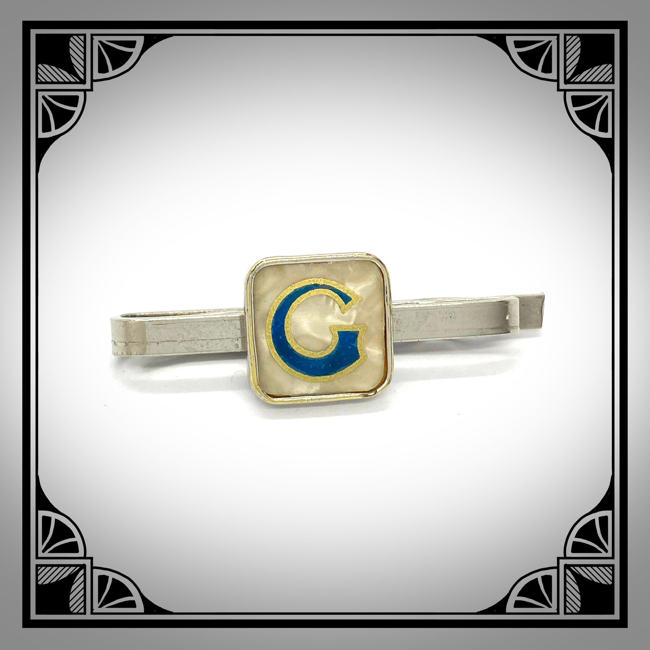 1930s Cufflinks and tie clip set with initial G celluloid facings 4.jpg