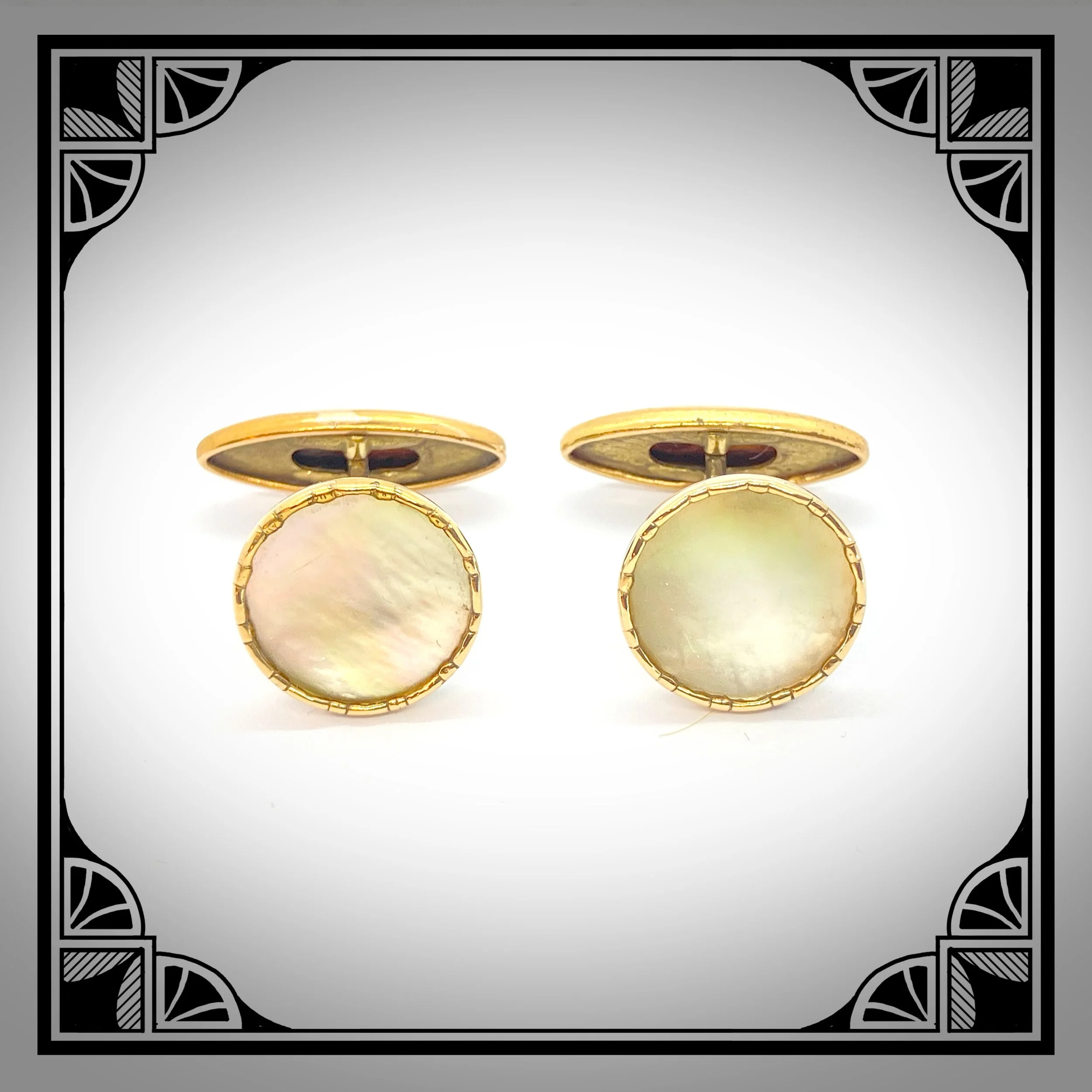 1920s gold mother of pearl cufflinks in subtle decorated frame 3.jpg