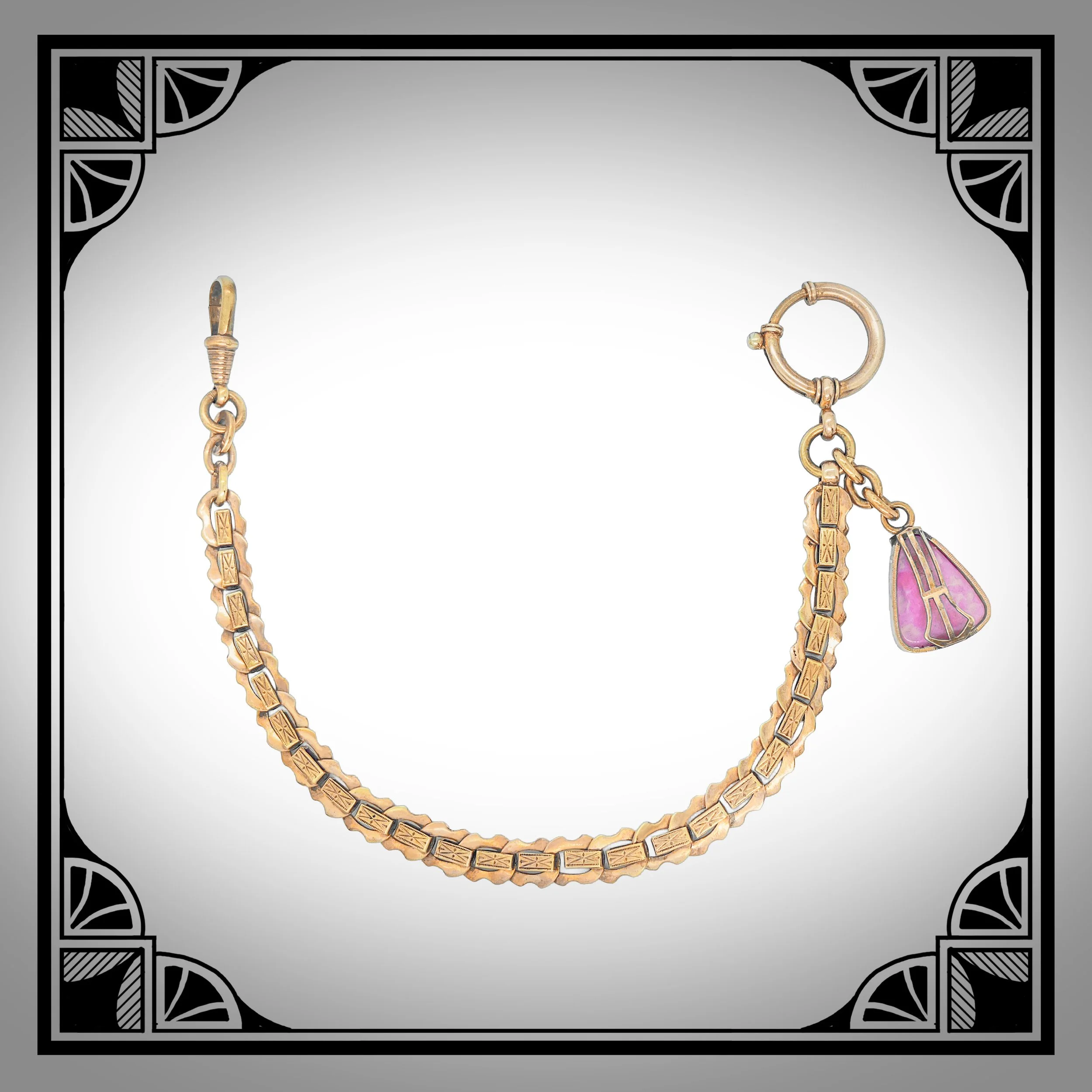 1900s German Gold-Plated Jugendstil Watch Chain with Pink Celluloid Pendant.jpg