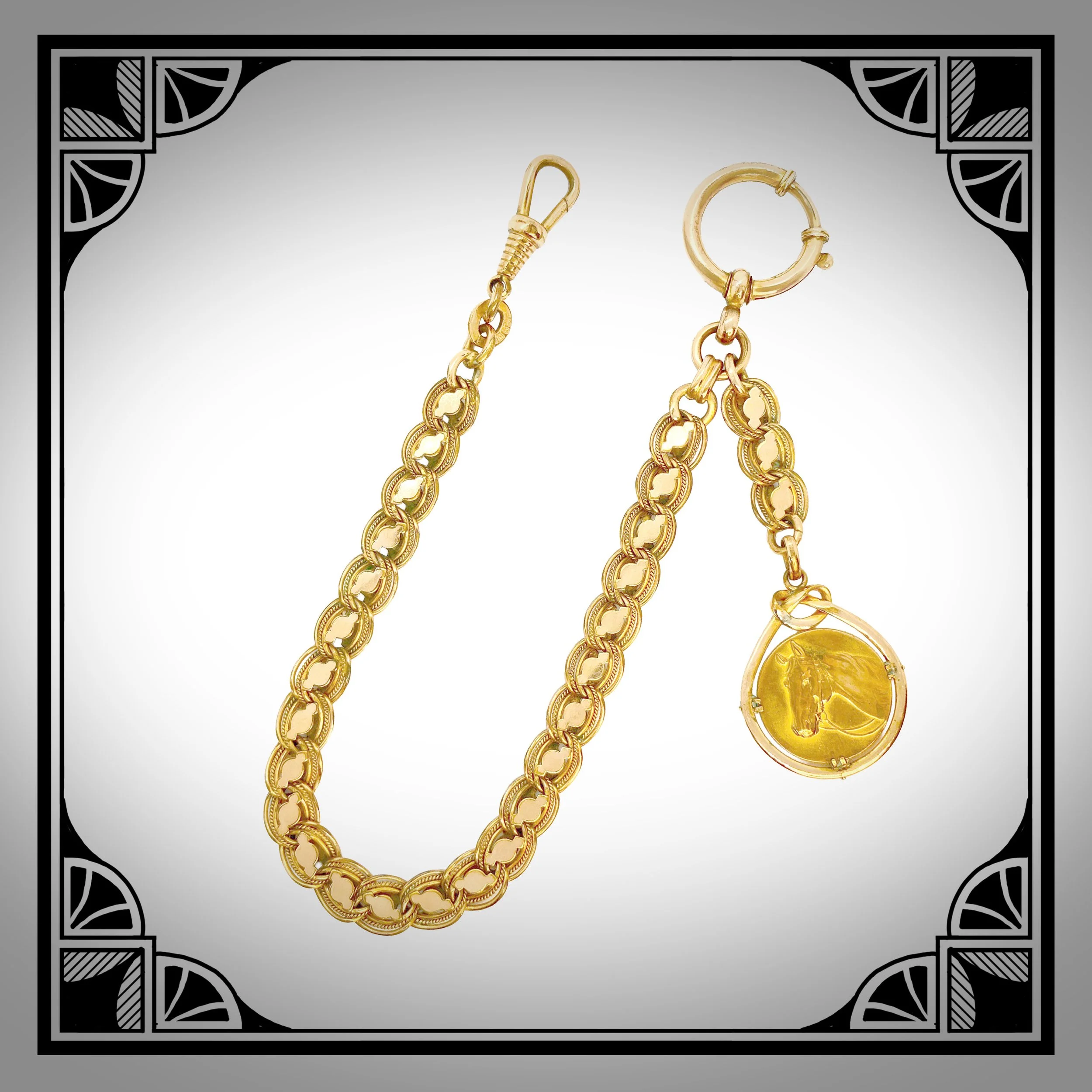 1900s German Gold-Plated Jugendstil Watch Chain with Equestrian Medallion by Kollmar & Jourdan 8.jpg