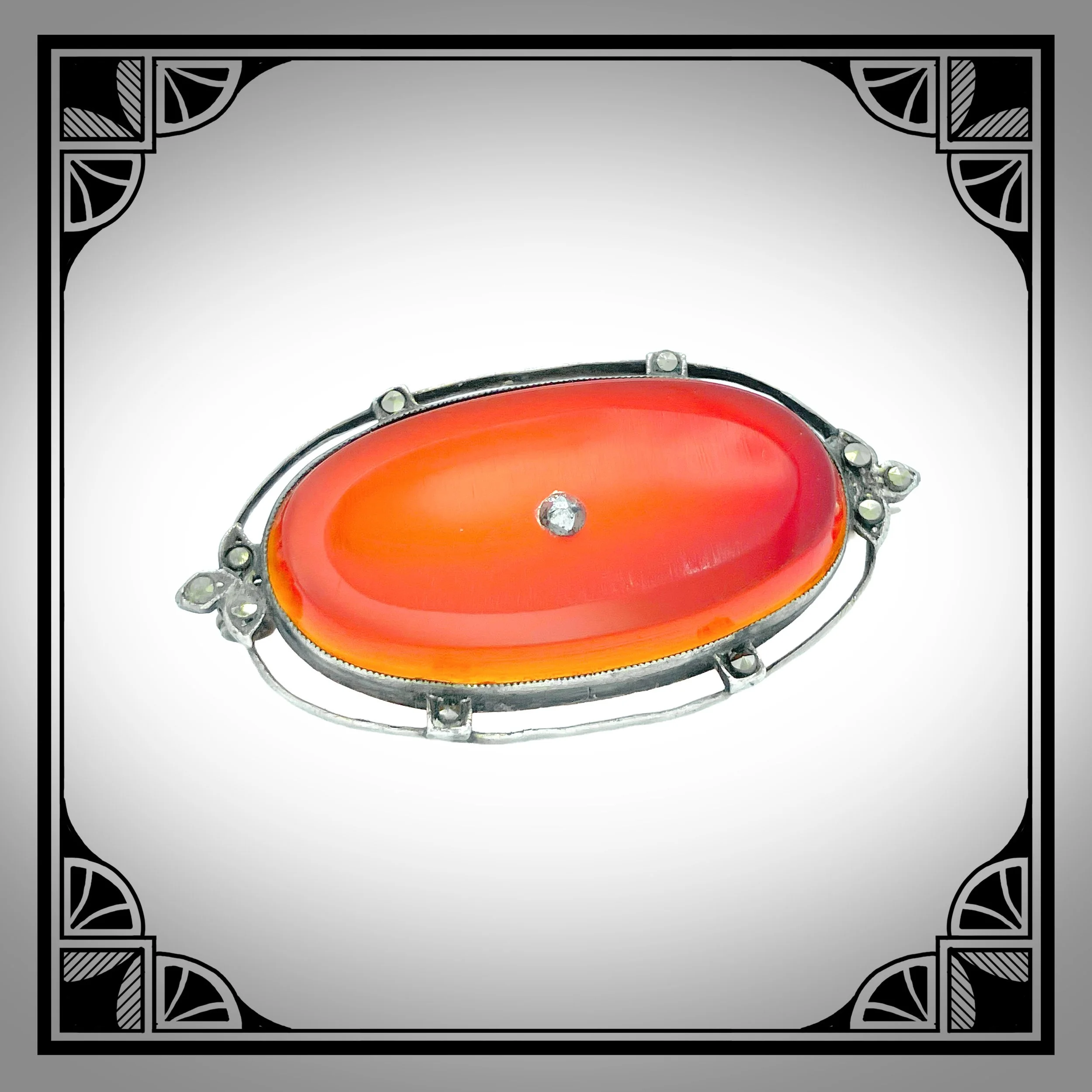 1910s Silver Openwork à jour Carnelian brooch set with Marcasites